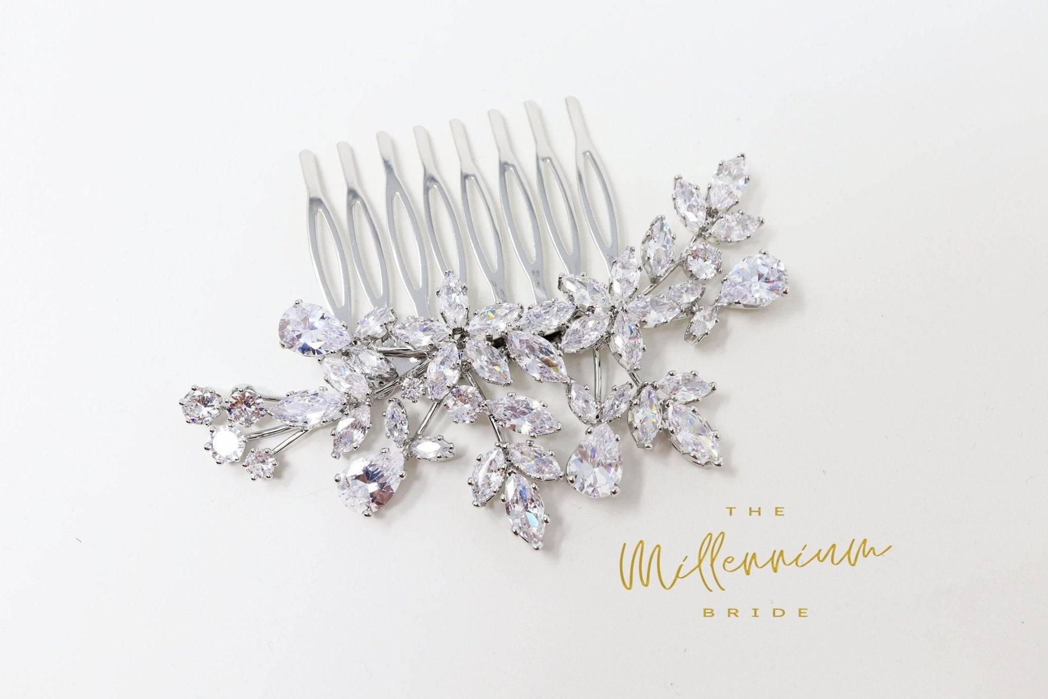 Cubic Zirconia, Diamond Flower Vine Leaves Bridal Hair Comb, Bridal Hair Accessories, Wedding Hair Accessory, Bridal Hair Comb.