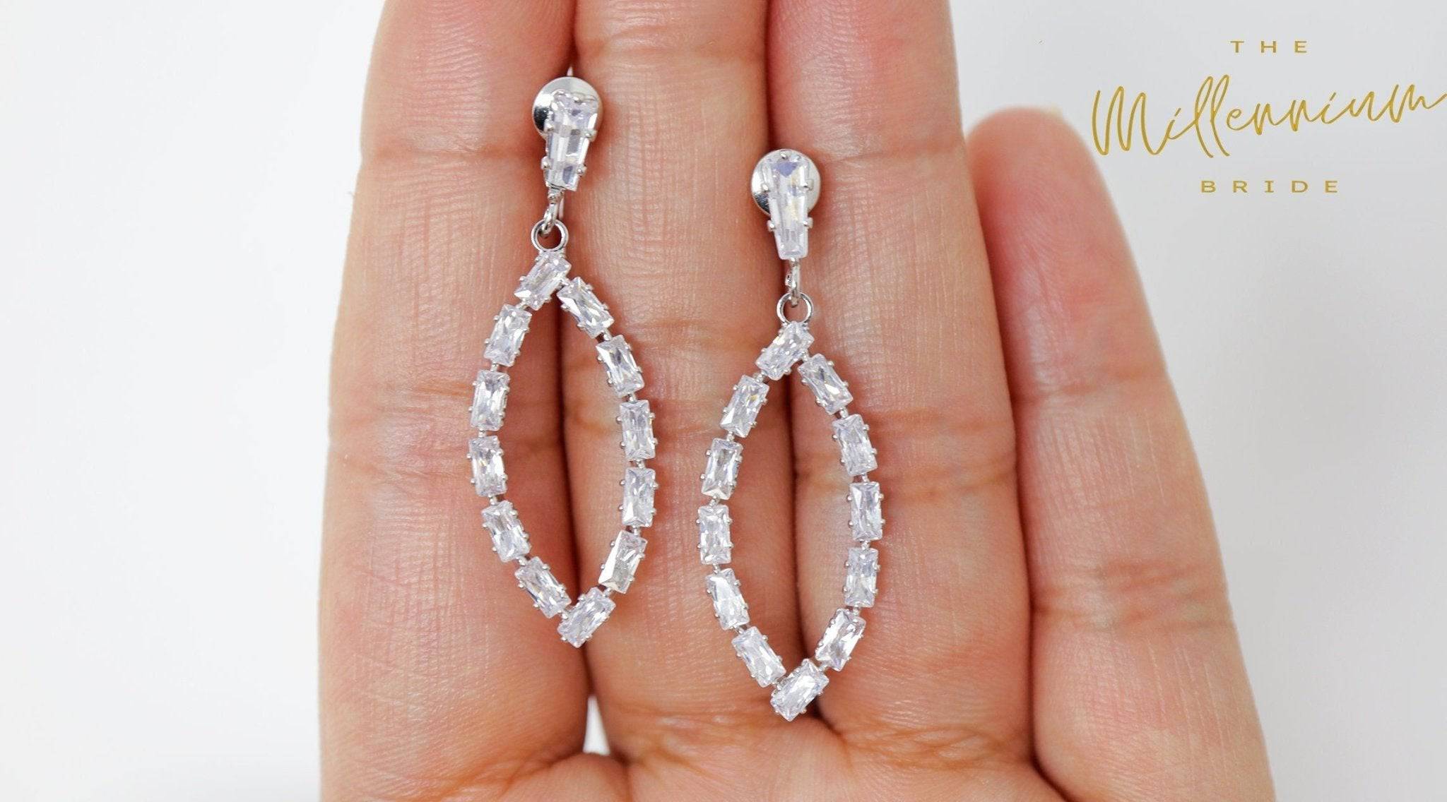 Cubic Zirconia Diamond Leaf Drop Earrings, Long Bridal Jewelry, Bridal Earrings, Crystal Bridal Earrings, Statement Earrings Cz