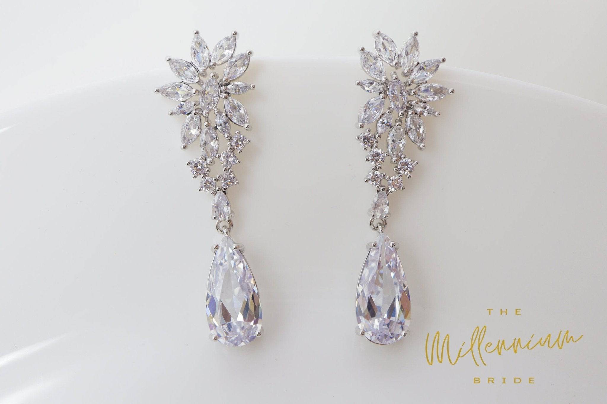 Cubic Zirconia Diamond Sunflower Drop Crystal, Diamond Earrings, Long Bridal , Bridal Earrings, Crystal Bridal Earrings, Statement Earrings