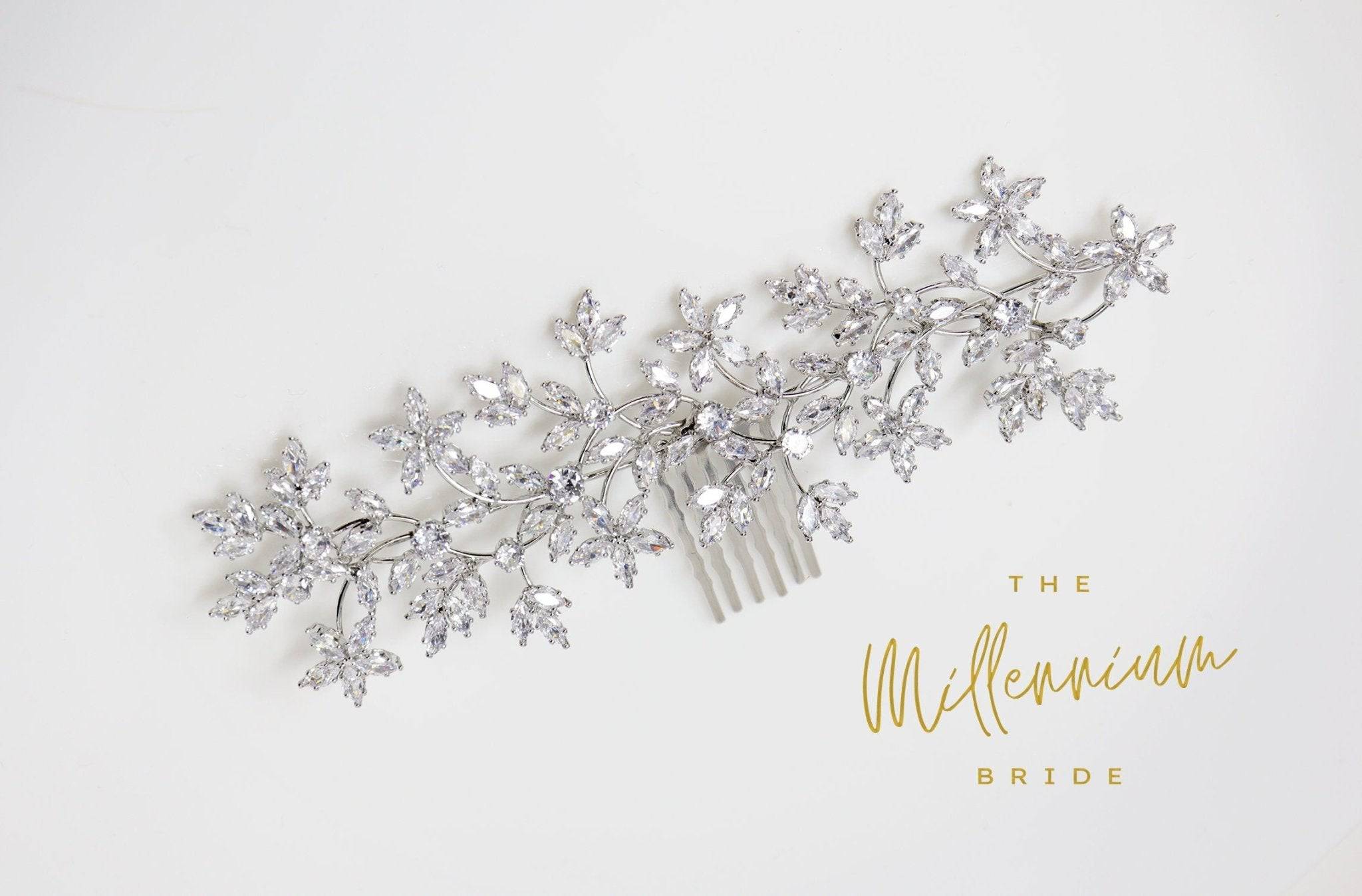 Cubic Zirconia Floral Diamond Vine Leaves Bridal Hair Comb, Bridal Hair Piece, Bridal Hair Accessories, Wedding Hair Accessory.