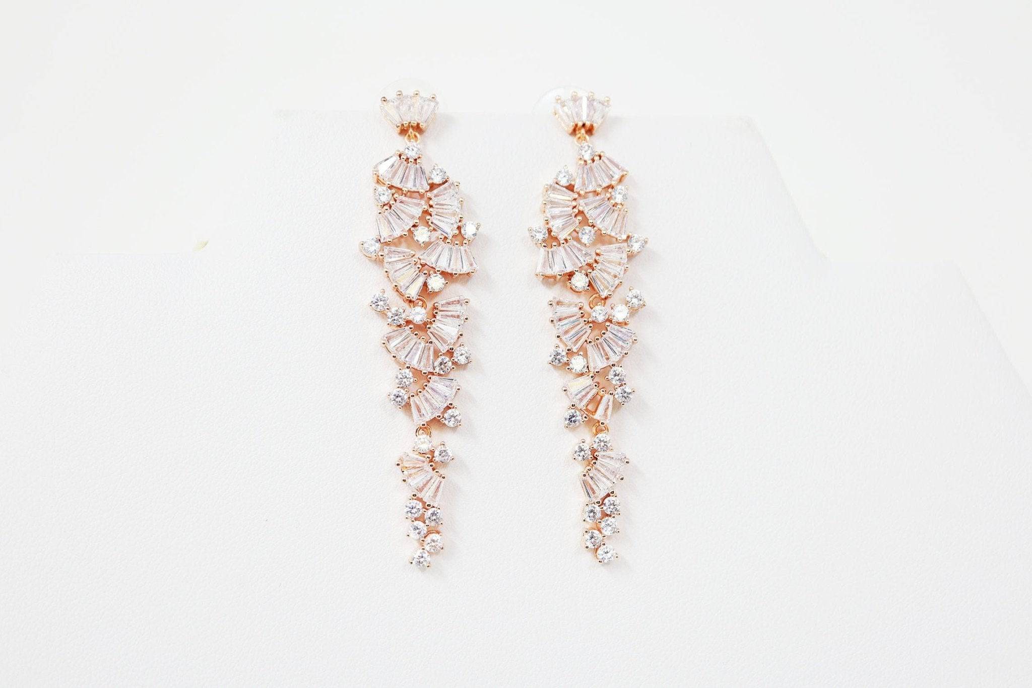 Cubic Zirconia, Flower Long Dangle Crystal, Diamond Earrings, Long Bridal Jewelry set , Bridal Earrings, Bridal Earrings, Statement Earrings