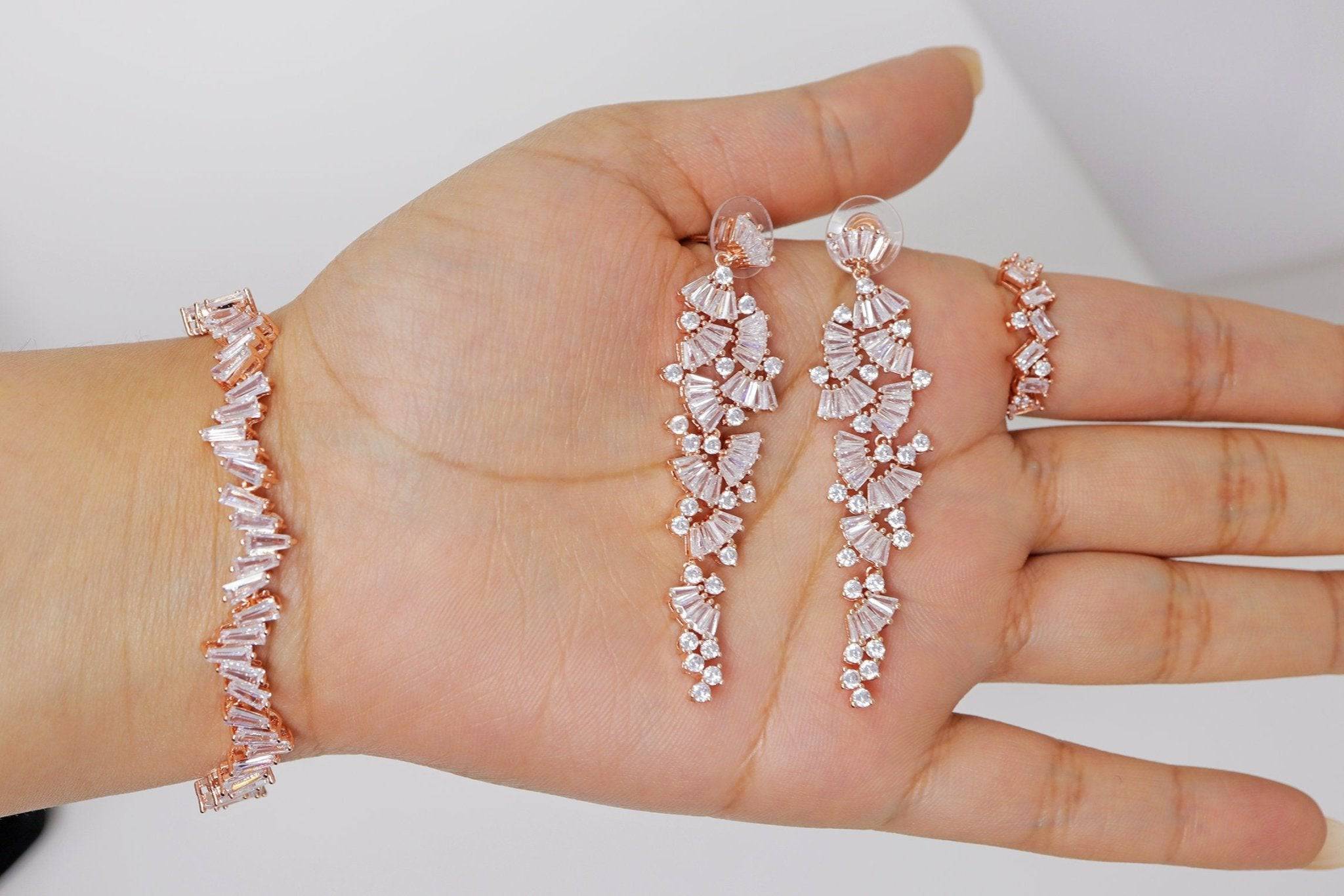 Cubic Zirconia, Flower Long Dangle Crystal, Diamond Earrings, Long Bridal Jewelry set , Bridal Earrings, Bridal Earrings, Statement Earrings