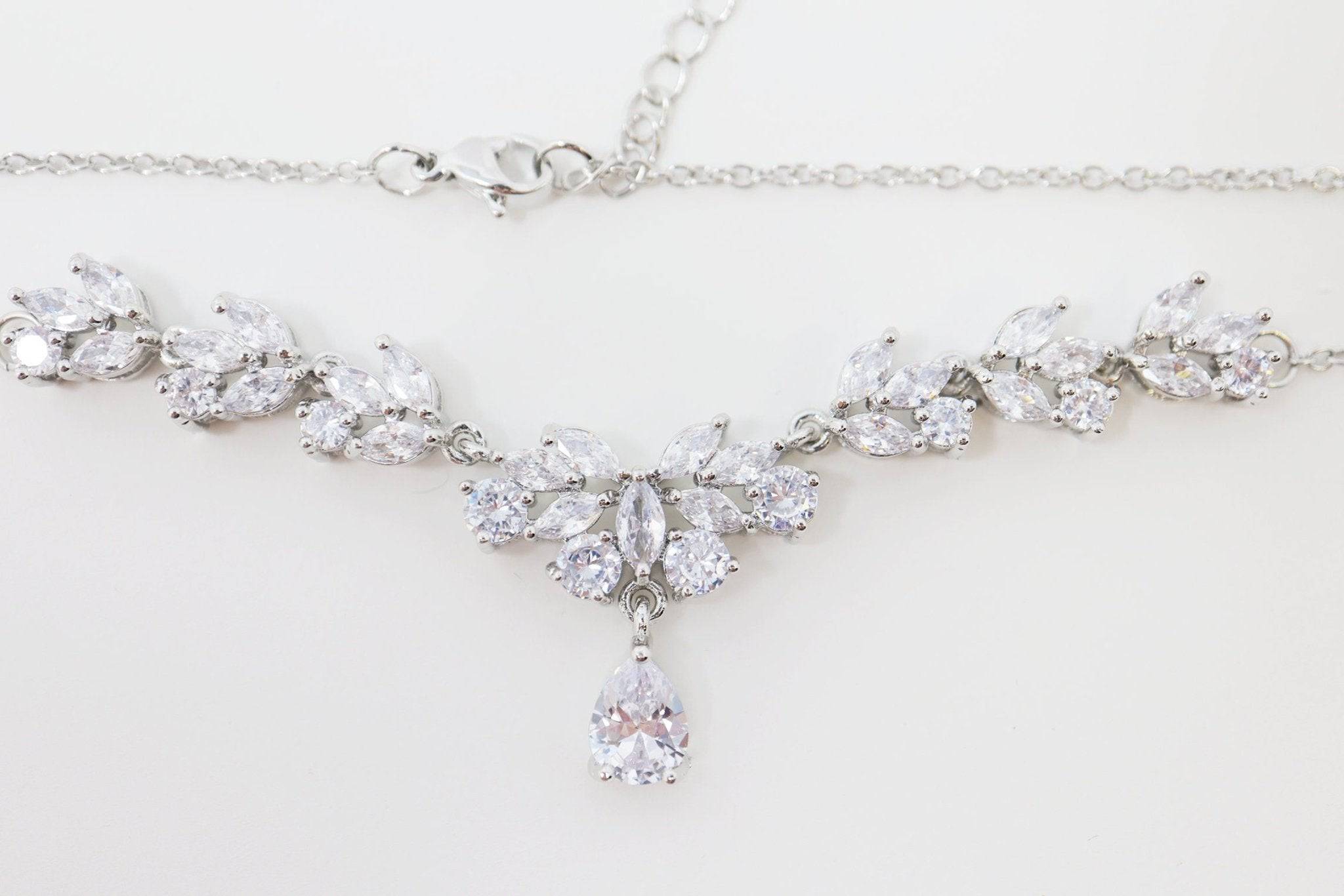 Cubic Zirconia Minimalist Diamond/Crystal Necklace, Bridal Necklace Set, Bridal Jewelry, Statement Necklace