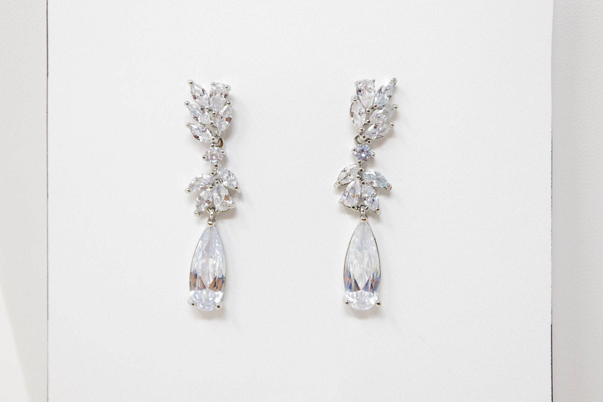 Cuboc Zirconia Leaf Drop Crystal/Diamond Earrings, Long Bridal Jewelry, Bridal Earrings, Crystal Bridal Earrings, Statement Earrings Cz