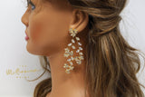 CZ Floral Three Vine Leaves Diamond Earrings, Long Bridal Earrings, Crystal Bridal Earrings, Statement Earrings, Gold Bride Earring.