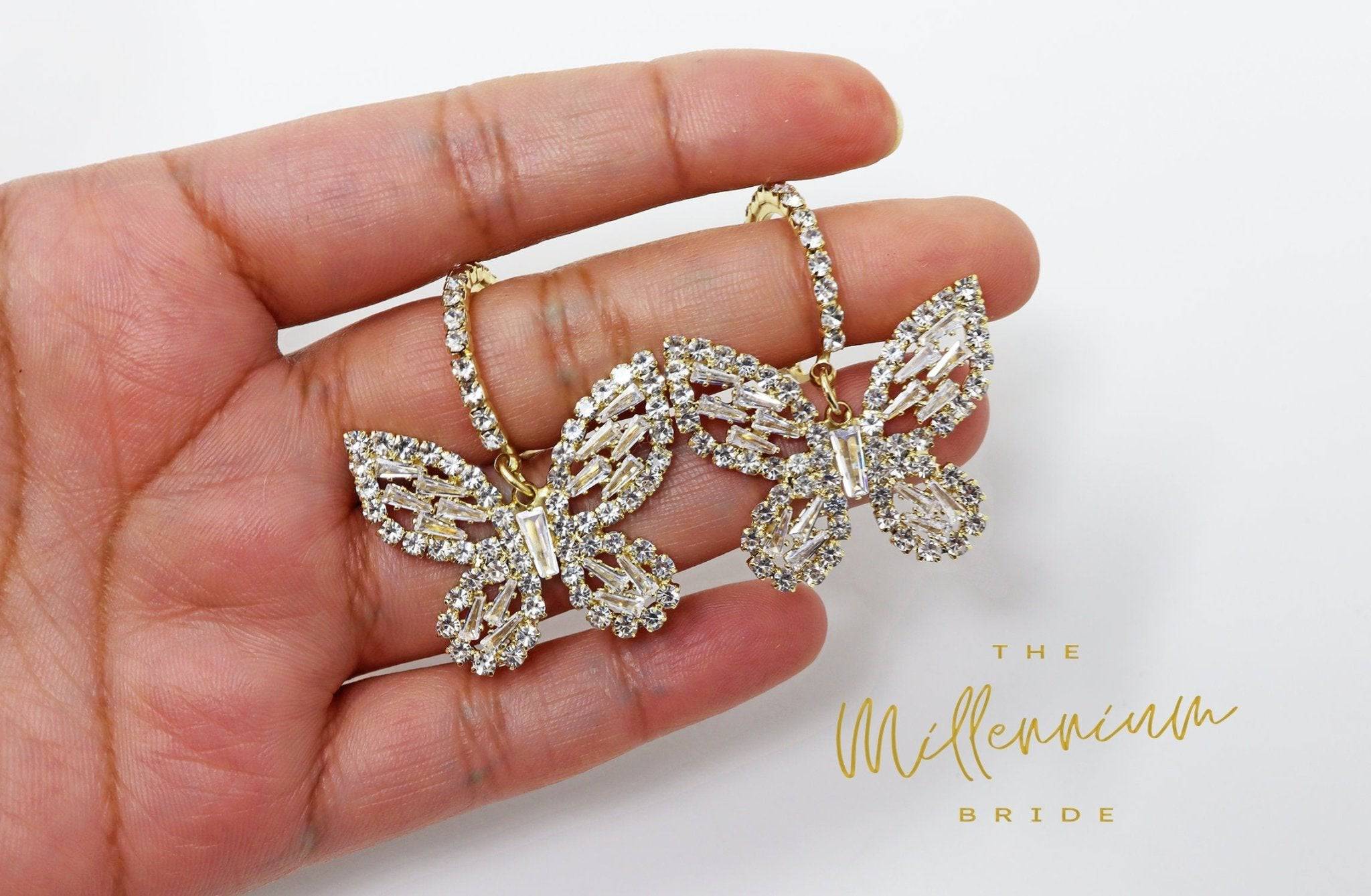 CZ Gold Butterfly Hoop Earrings, Swarovski Crystal Earrings, Statement Earrings, Rhinestones Hoop Earrings.