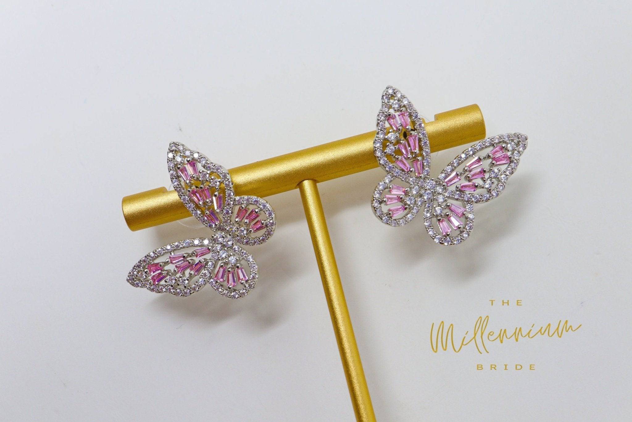 CZ pink Butterfly Necklace,Earrings And Ring Set, Swarovski Crystal Earrings, Statement Earrings, Rhinestones Hoop Earrings.