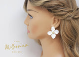 Four Petal Long White Flower Pearl Earrings, Bridal Jewelry, Bridal Stud Earrings, Bridal Earrings, Statement Earrings, Bridesmaid Earring.