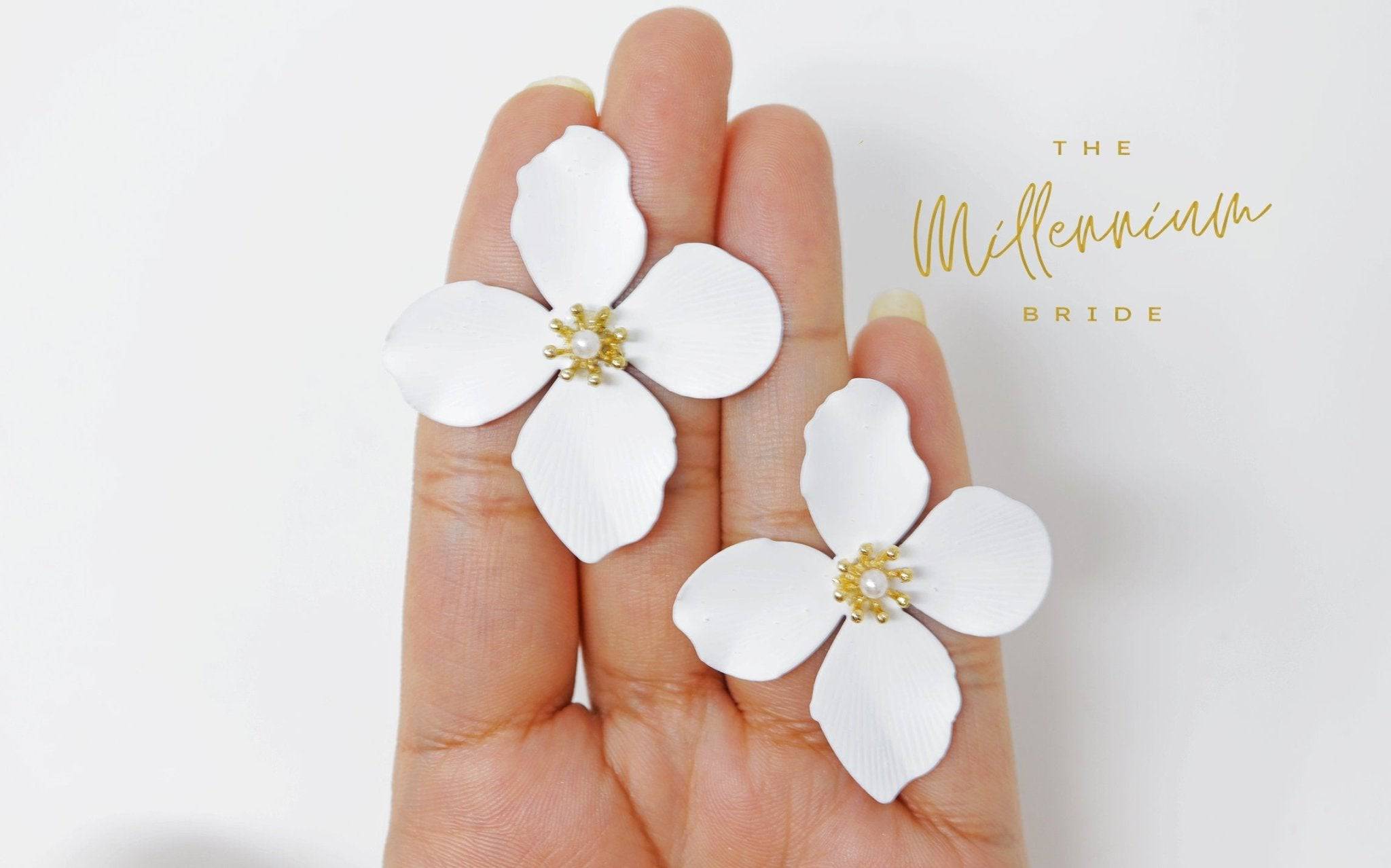 Four Petal Long White Flower Pearl Earrings, Bridal Jewelry, Bridal Stud Earrings, Bridal Earrings, Statement Earrings, Bridesmaid Earring.