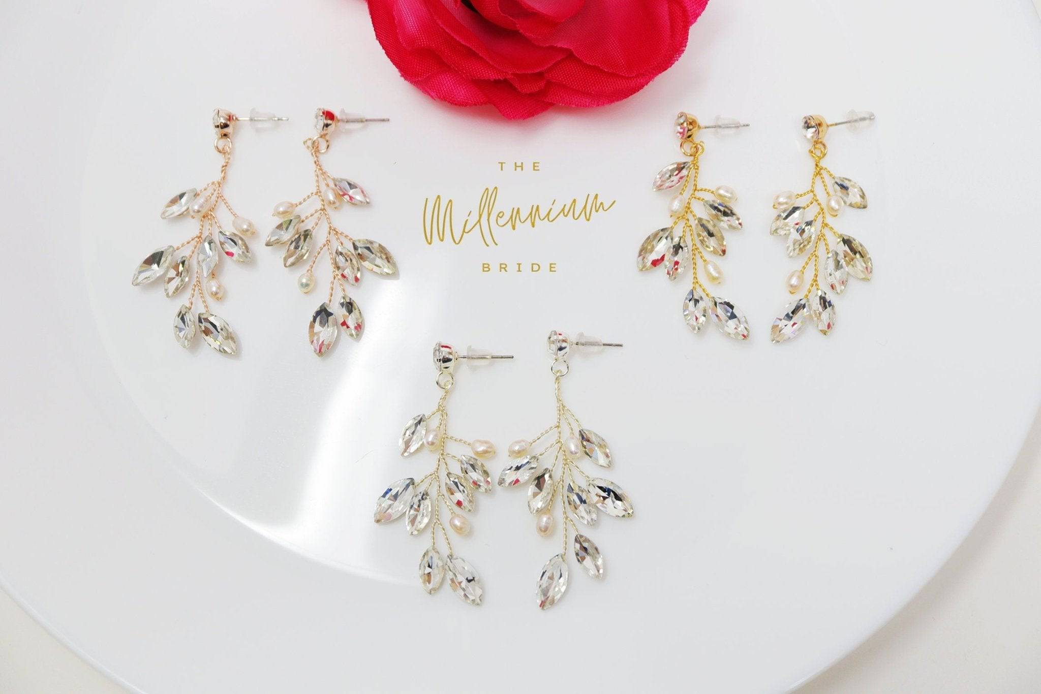 Freshwater pearls Swarovski Crystal vine leaves earrings, Long Bridal Jewelry, Bridal Earrings, Crystal Bridal Earrings, Statement earrings