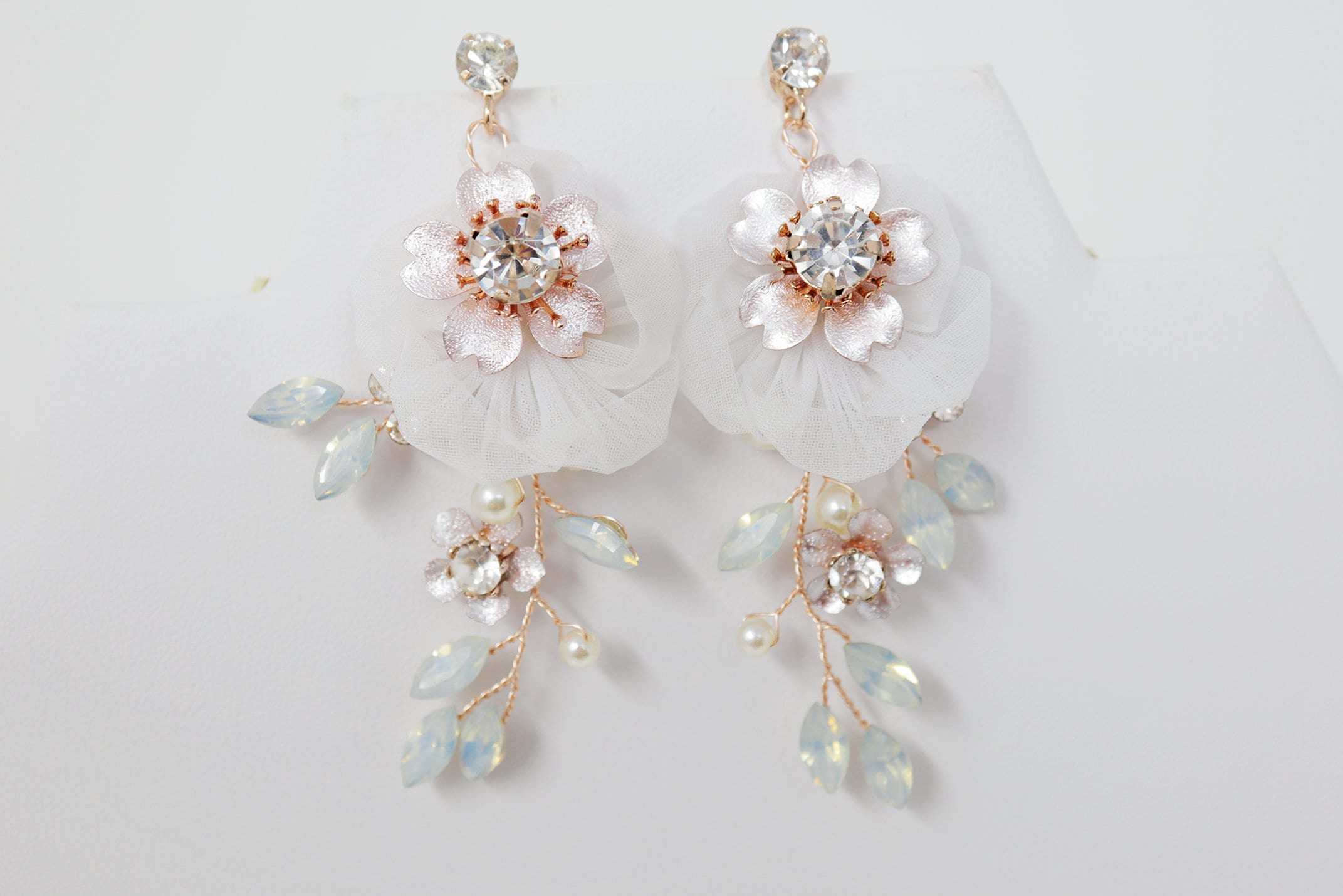 Swarovski opal Flower Petals Crystal, Rhinestone Earrings, Long Bridal Jewelry Bridal Earrings Crystal Bridal Earrings Statement Earrings Cz
