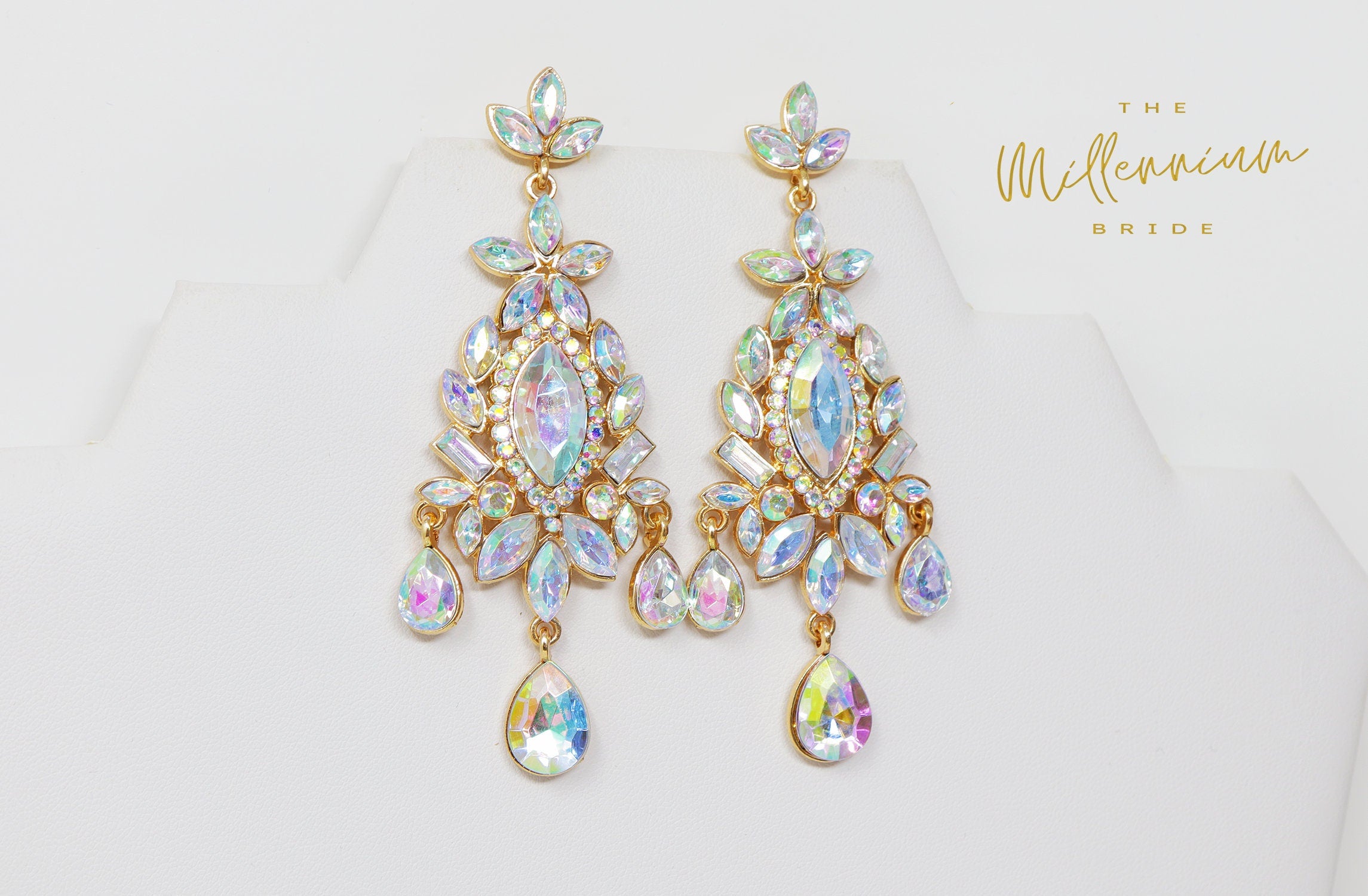 Swarovski AB Crystal Rainbow Bride Earrings, Long Bridal Earrings, Crystal Bridal Earrings, Statement Earrings, Gold Bride Earring.