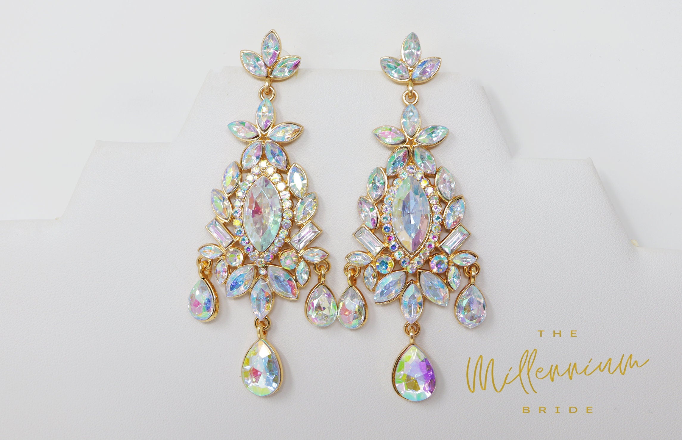 Swarovski AB Crystal Rainbow Bride Earrings, Long Bridal Earrings, Crystal Bridal Earrings, Statement Earrings, Gold Bride Earring.