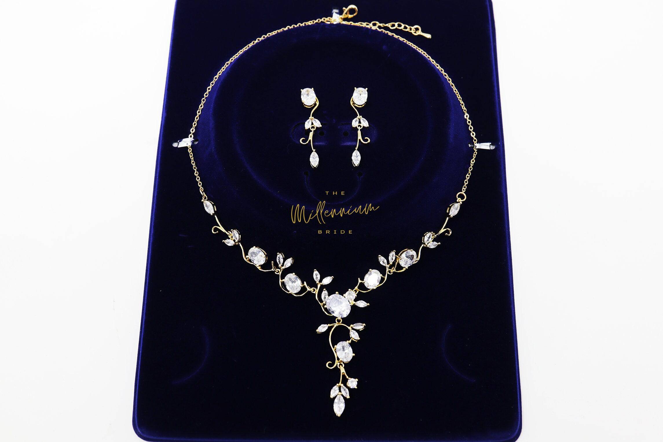 Swarovski Crystal Floral Vine Leaves Necklace, Long Bridal Jewelry, Bridal Earrings And Necklace, Statement Earrings Cz Necklace Set.