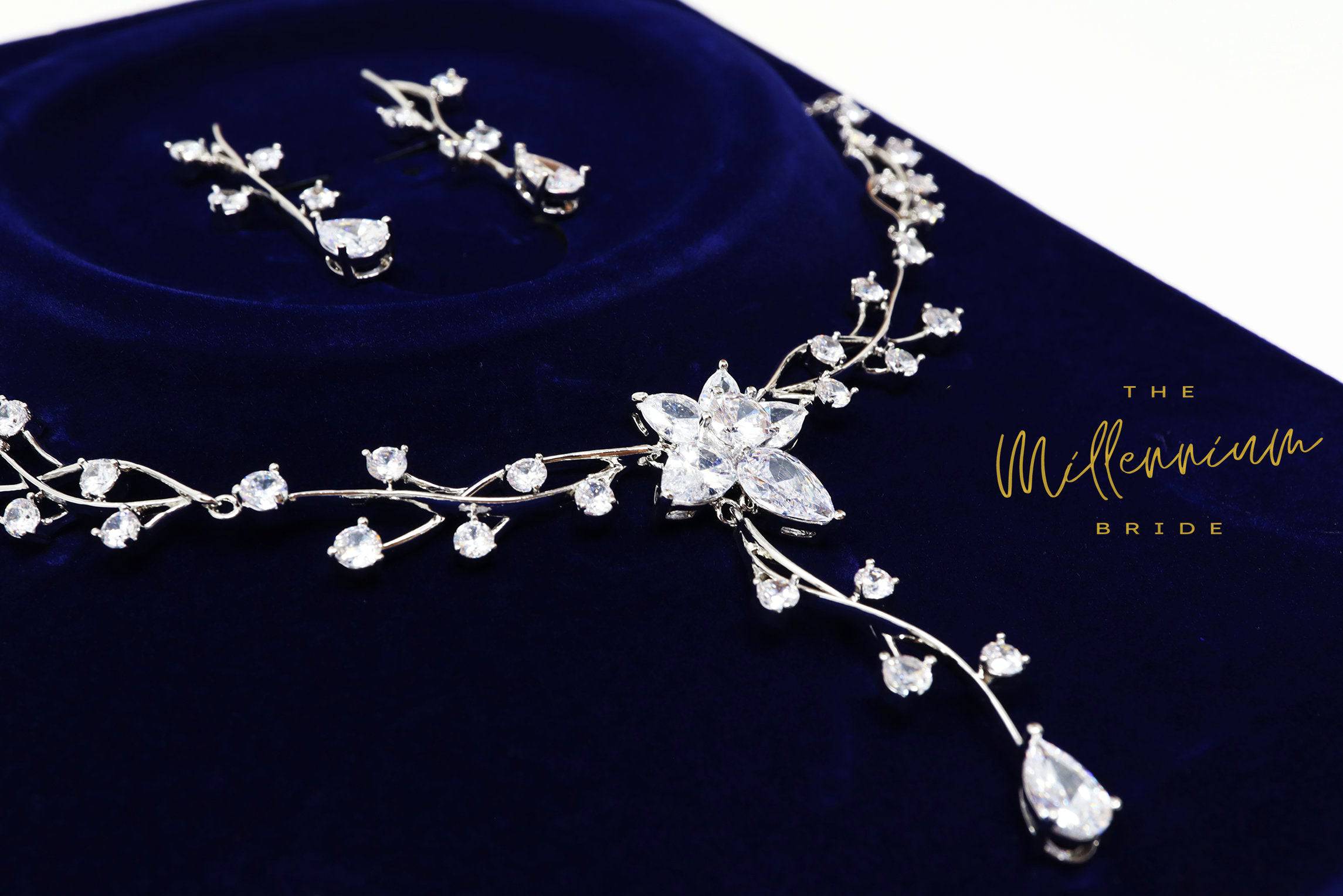 Swarovski Crystal Flower Vine Leaves Necklace, Long Bridal Jewelry, Bridal Earrings And Necklace, Statement Earrings Cz Necklace Set.