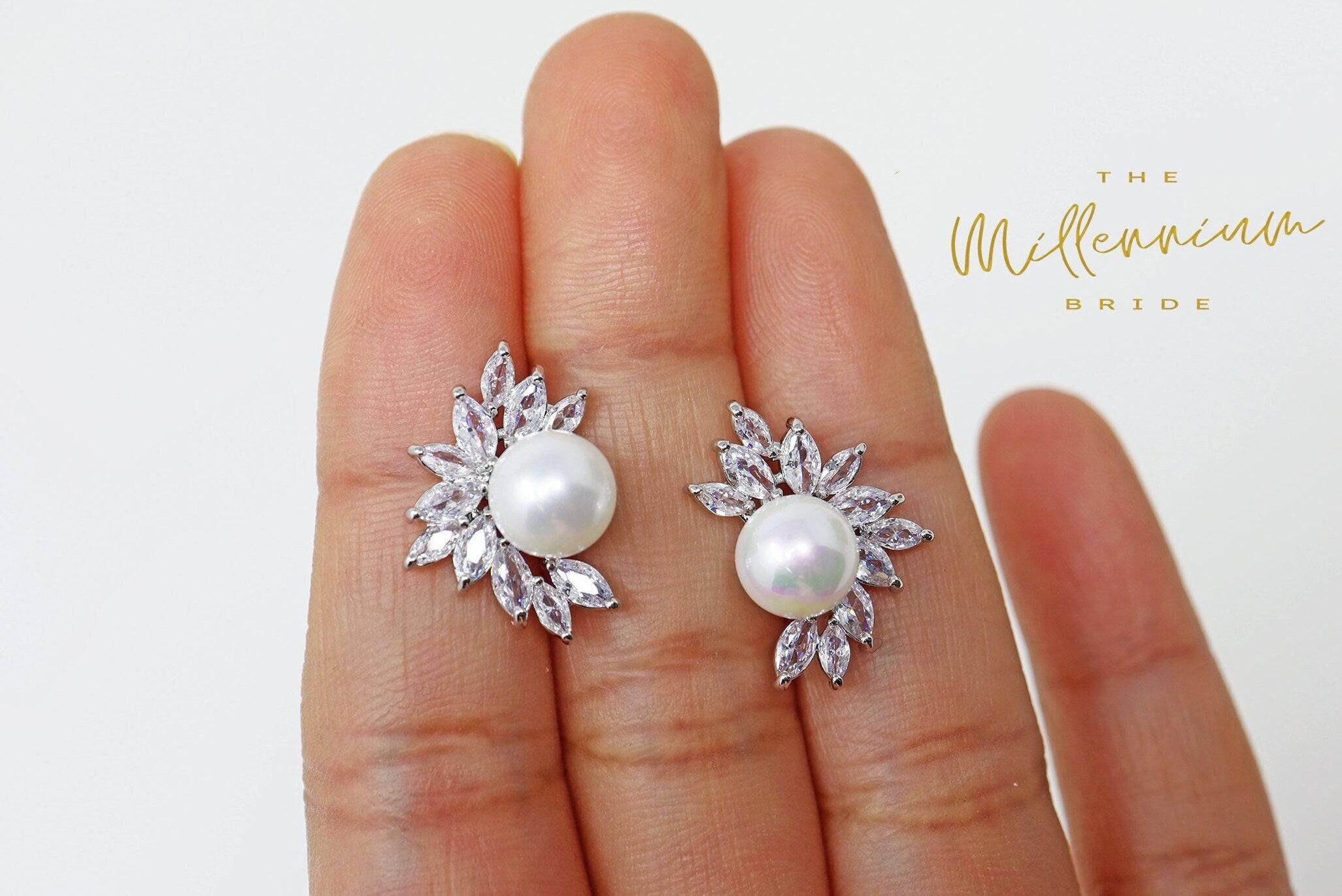 CZ Pearl Leaves Earrings, Bridal Jewelry, Bridal Stud Earrings, Crystal Bridal Earrings, Statement Earrings Cz