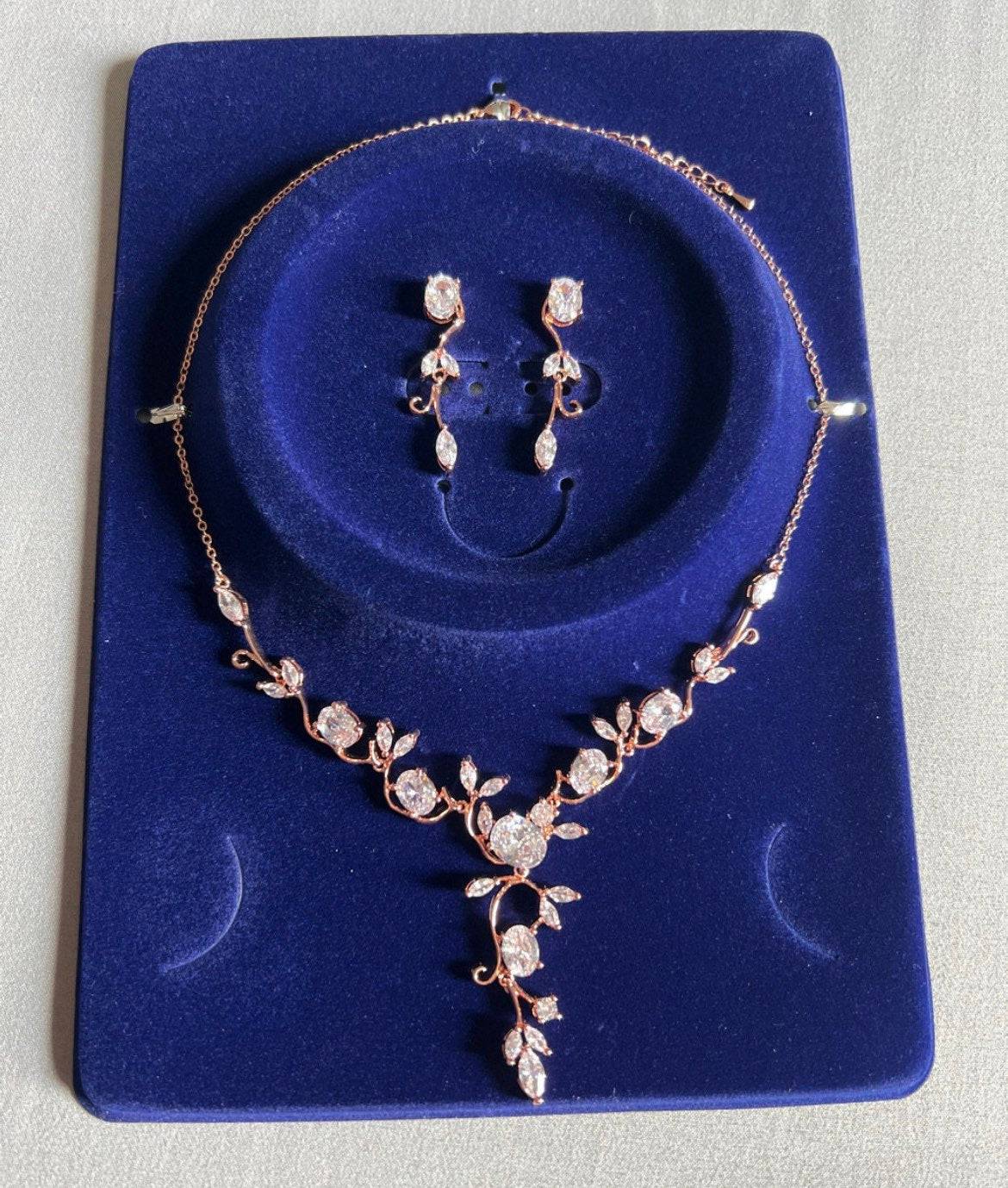 Swarovski Crystal Floral Vine Leaves Necklace, Long Bridal Jewelry, Bridal Earrings And Necklace, Statement Earrings Cz Necklace Set.