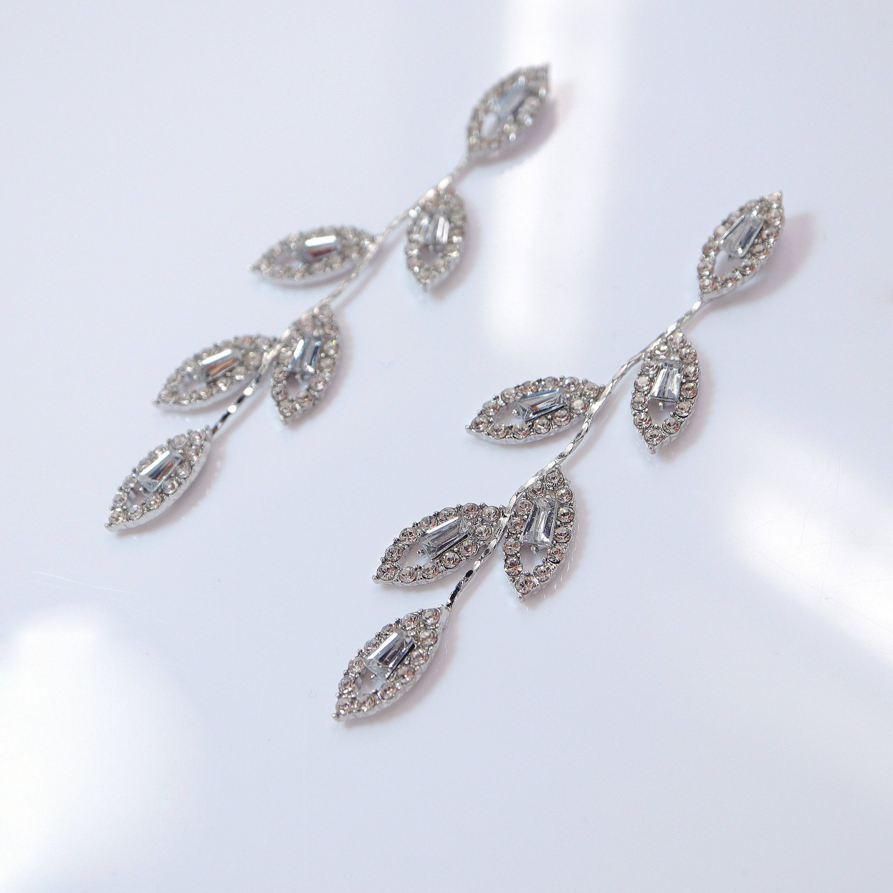 Swarovski Crystal Vine Leaves Earrings, Long Bridal Jewelry, Bridal Earrings And Necklace, Statement Earrings Cz .