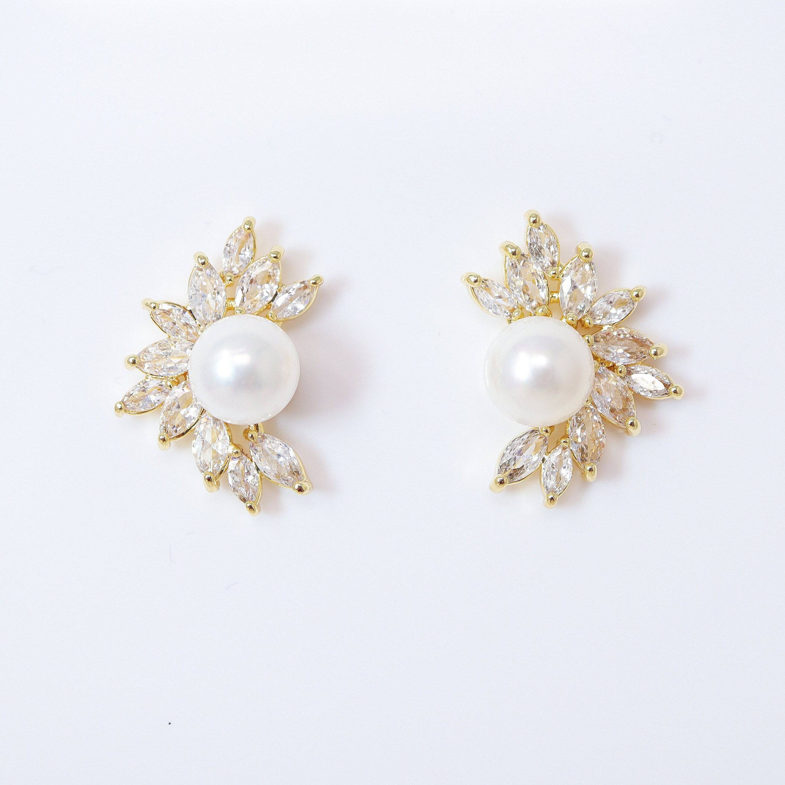 CZ Pearl Leaves Earrings, Bridal Jewelry, Bridal Stud Earrings, Crystal Bridal Earrings, Statement Earrings Cz