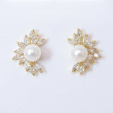 CZ Pearl Leaves Earrings, Bridal Jewelry, Bridal Stud Earrings, Crystal Bridal Earrings, Statement Earrings Cz