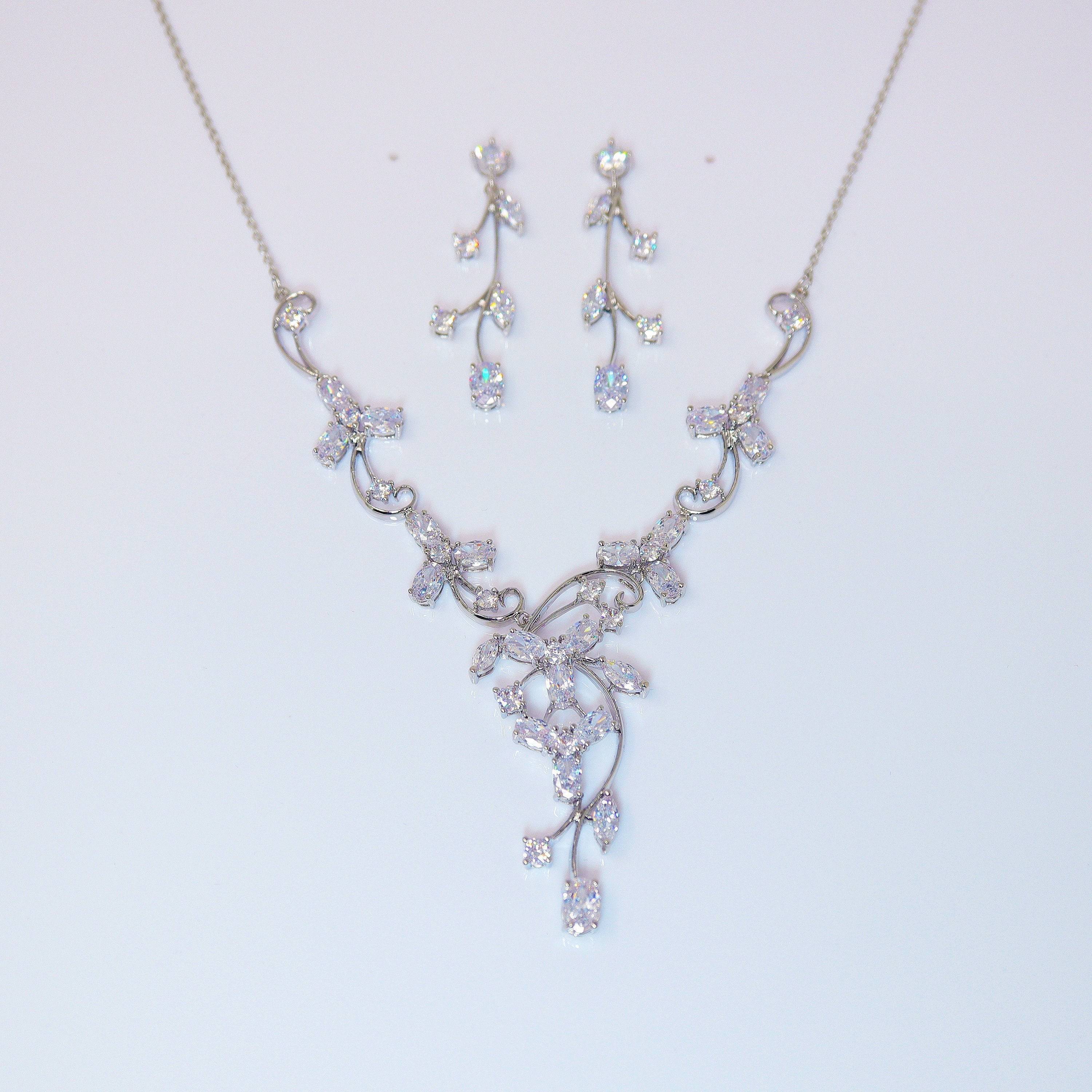 Swarovski Enchanted Vine Leaves Necklace, Long Bridal Jewelry, Bridal Earrings And Necklace, Statement Earrings Cz Necklace Set.