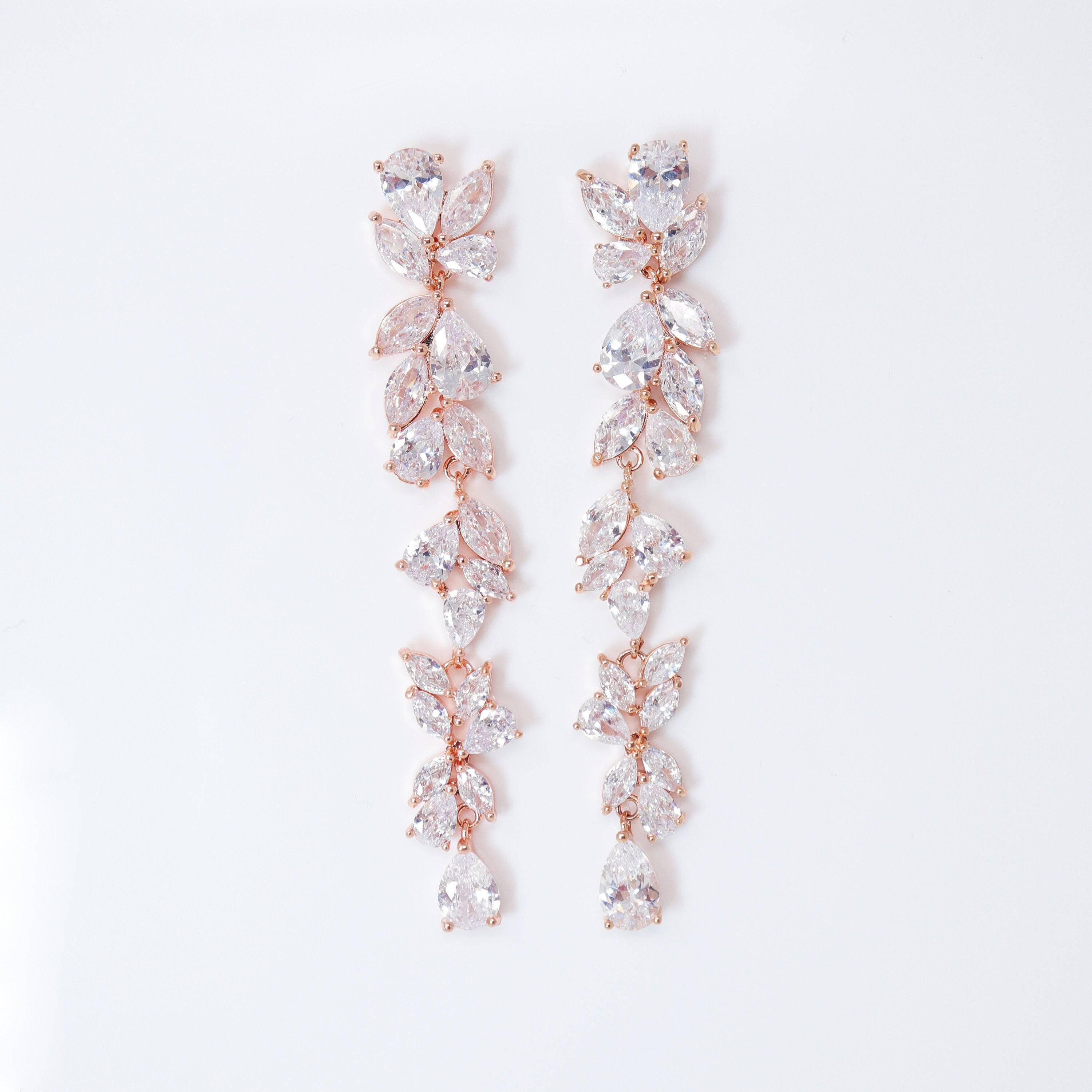 Flower Dangle Crystal/Diamond Earrings, Long Bridal Jewelry, Bridal Earrings, Crystal Bridal Earrings, Statement Earrings Cz