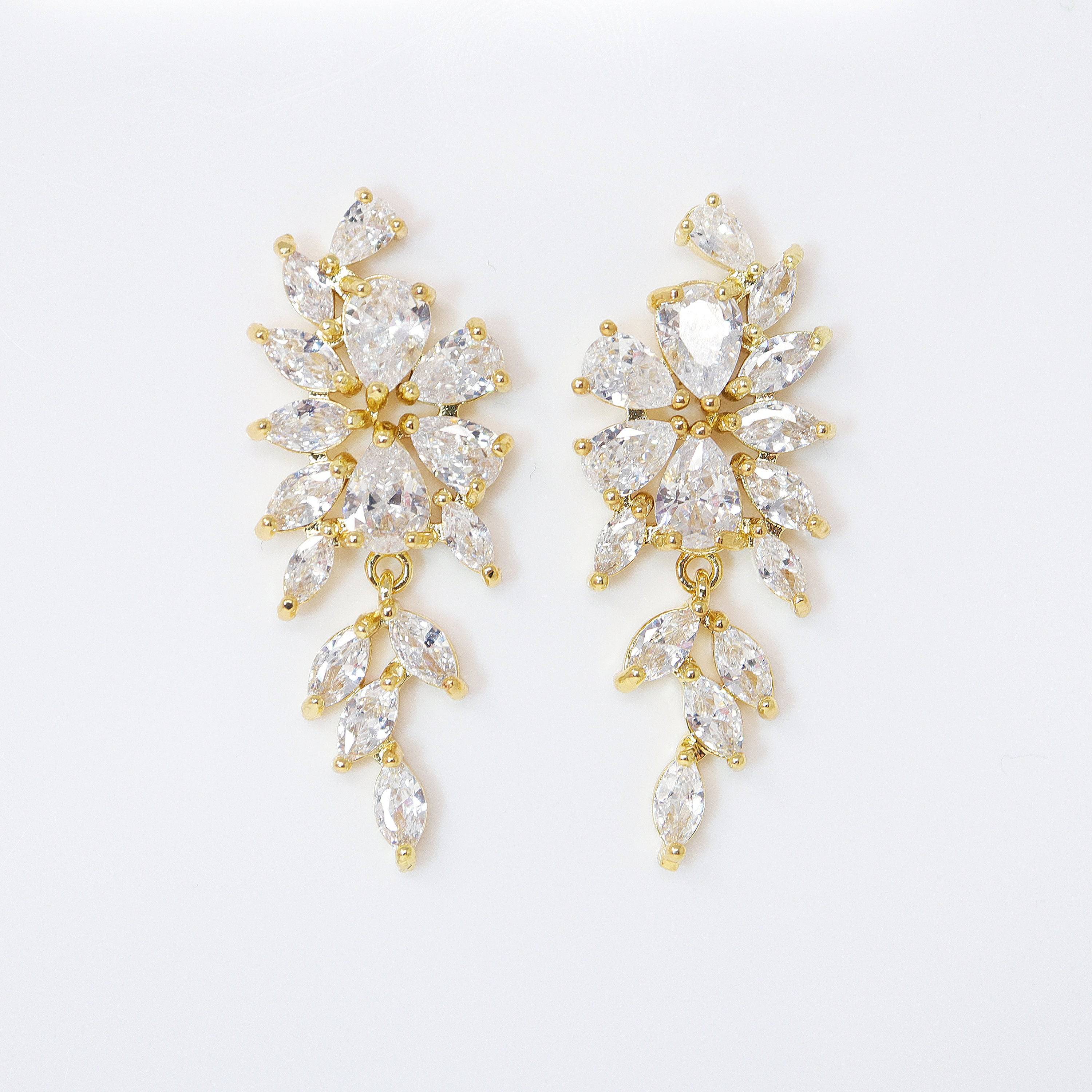 Swarovski Crystal Flower Leaves Earrings, Bridal Jewelry, Bridal Earrings, Crystal Bridal Earrings, Statement Earrings Cz