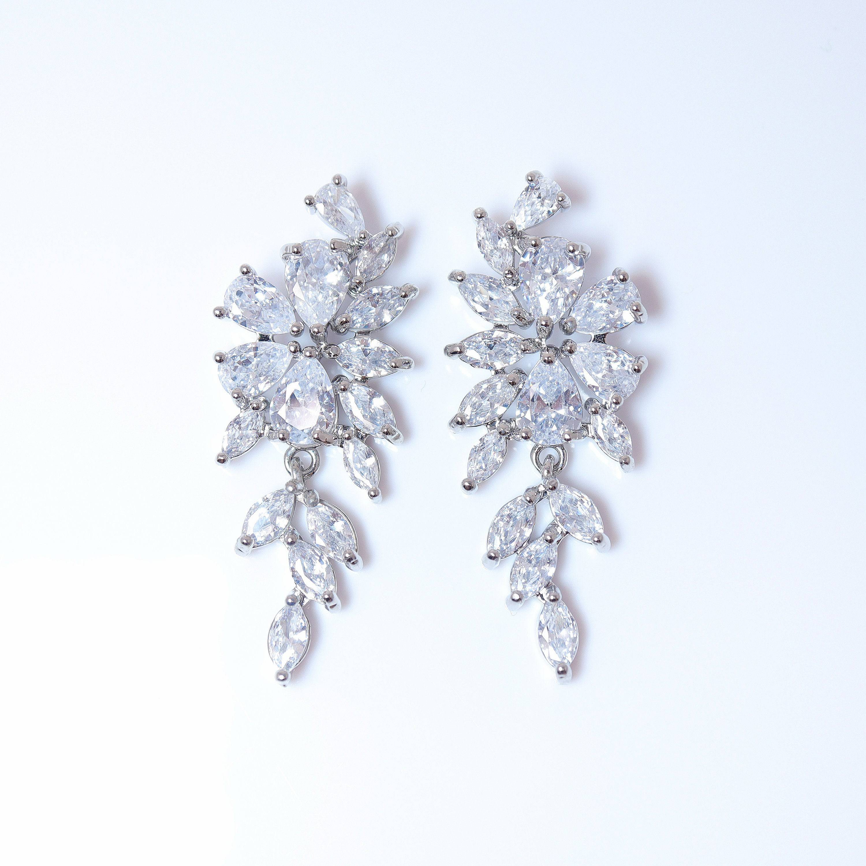 Swarovski Crystal Flower Leaves Earrings, Bridal Jewelry, Bridal Earrings, Crystal Bridal Earrings, Statement Earrings Cz