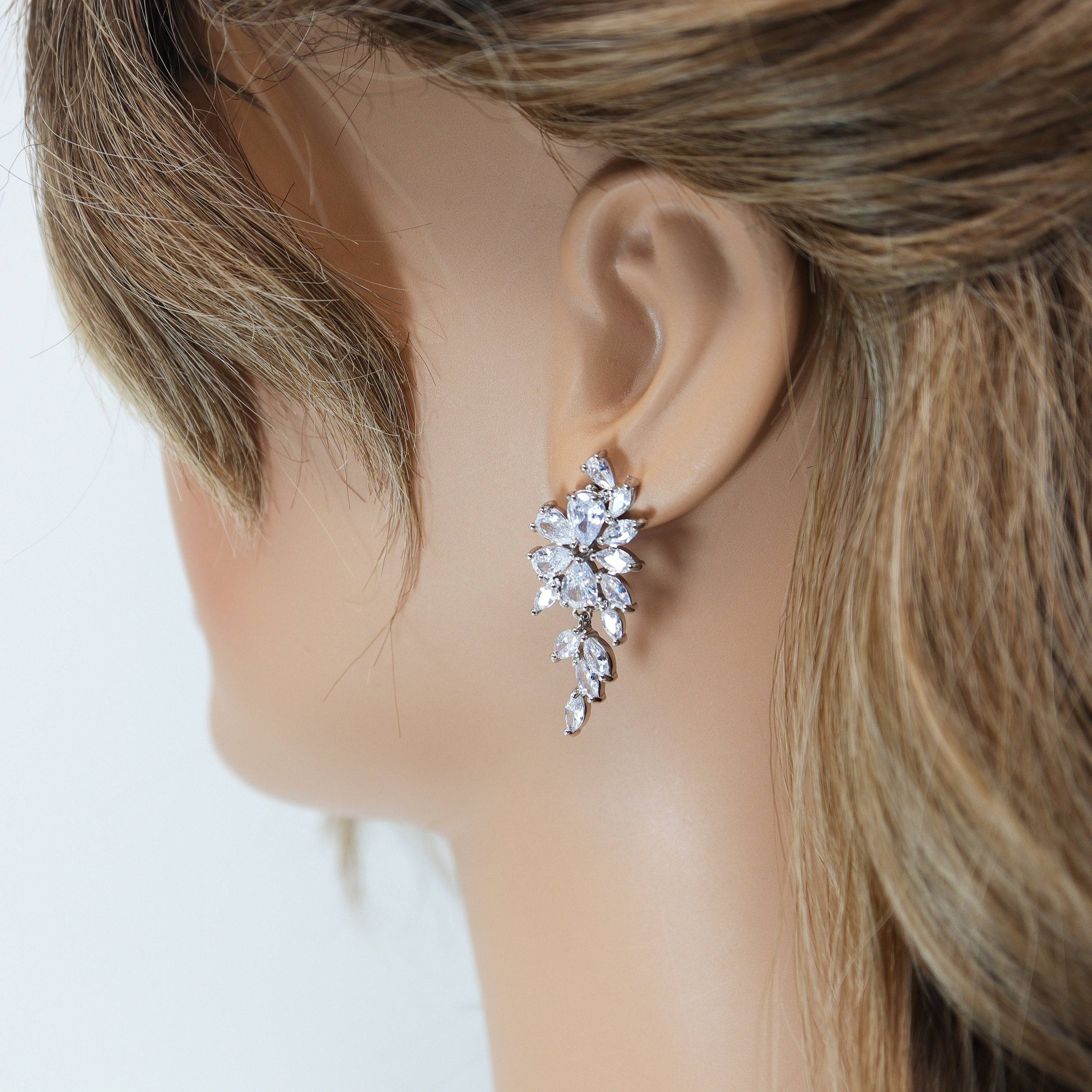 Swarovski Crystal Flower Leaves Earrings, Bridal Jewelry, Bridal Earrings, Crystal Bridal Earrings, Statement Earrings Cz
