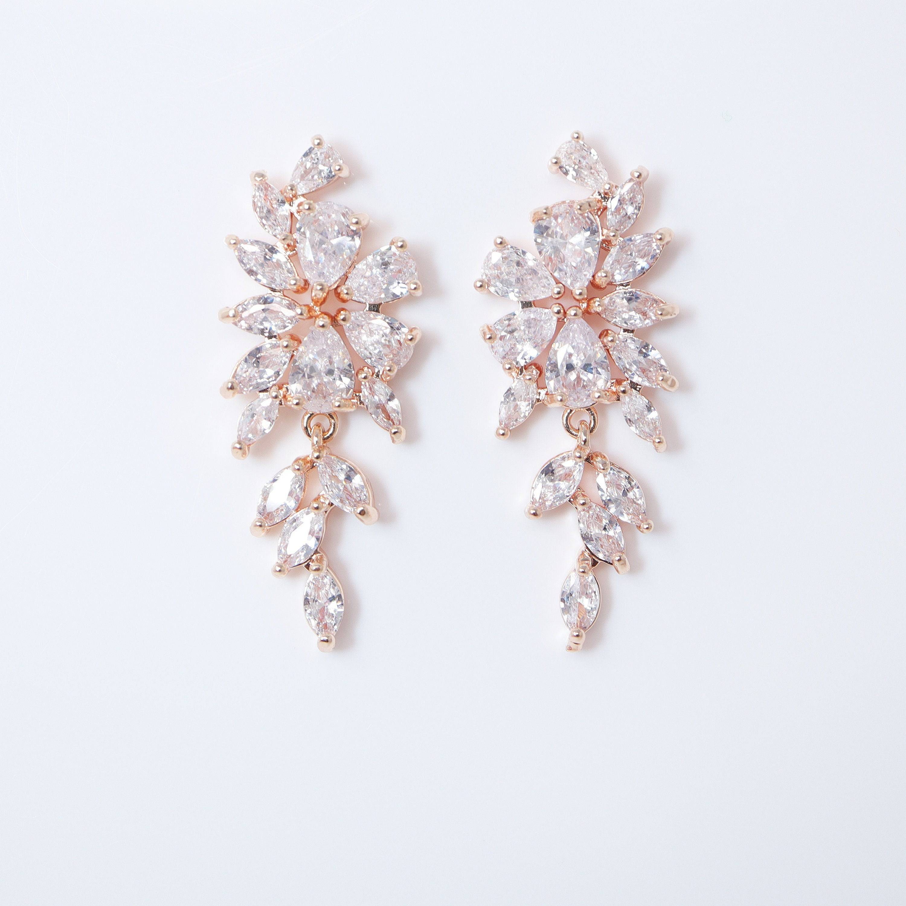 Swarovski Crystal Flower Leaves Earrings, Bridal Jewelry, Bridal Earrings, Crystal Bridal Earrings, Statement Earrings Cz