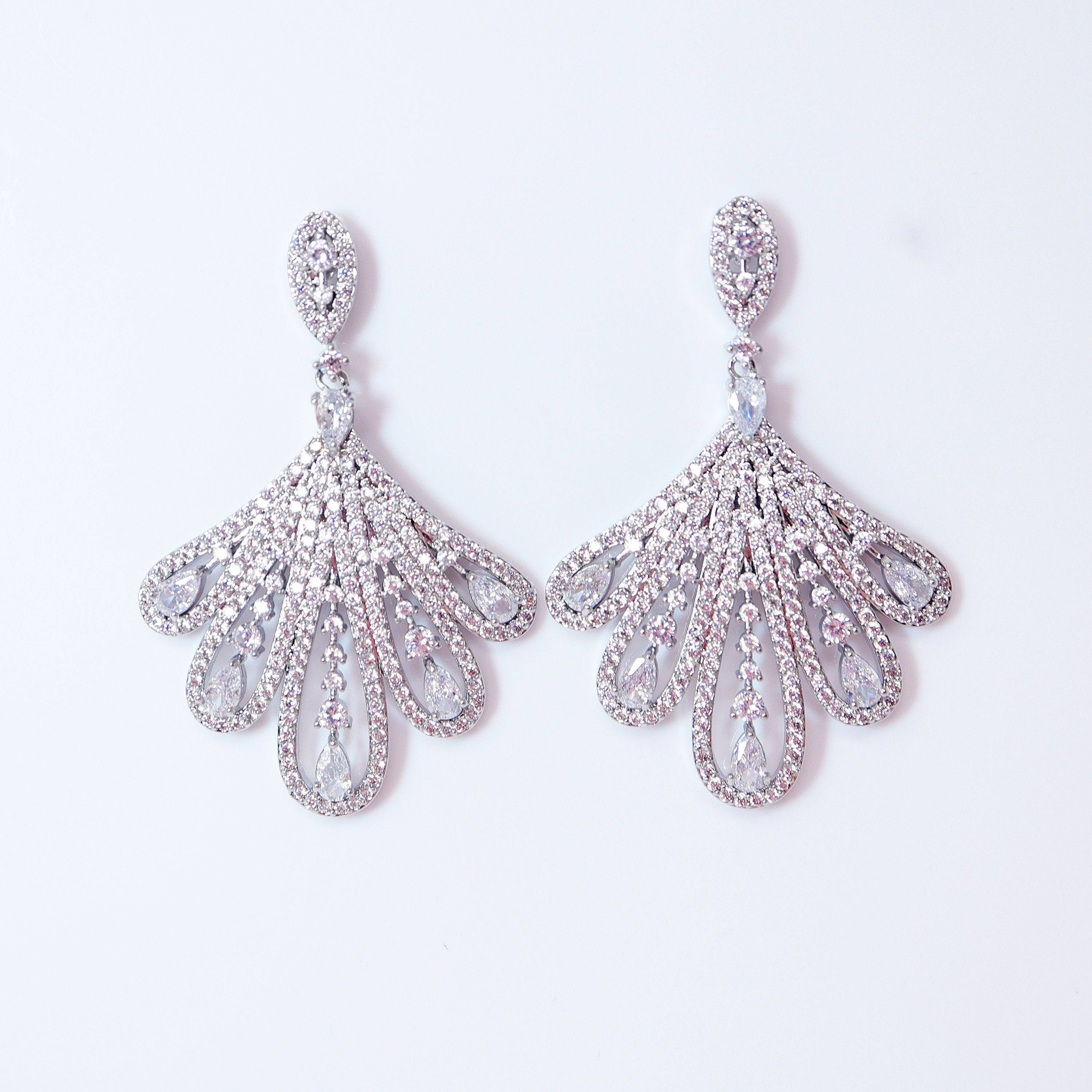 Swarovski Crystal Leaves Drops Peacock Earrings, Bridal Jewelry, Bridal Earrings, Crystal Bridal Earrings, Statement Earrings Cz