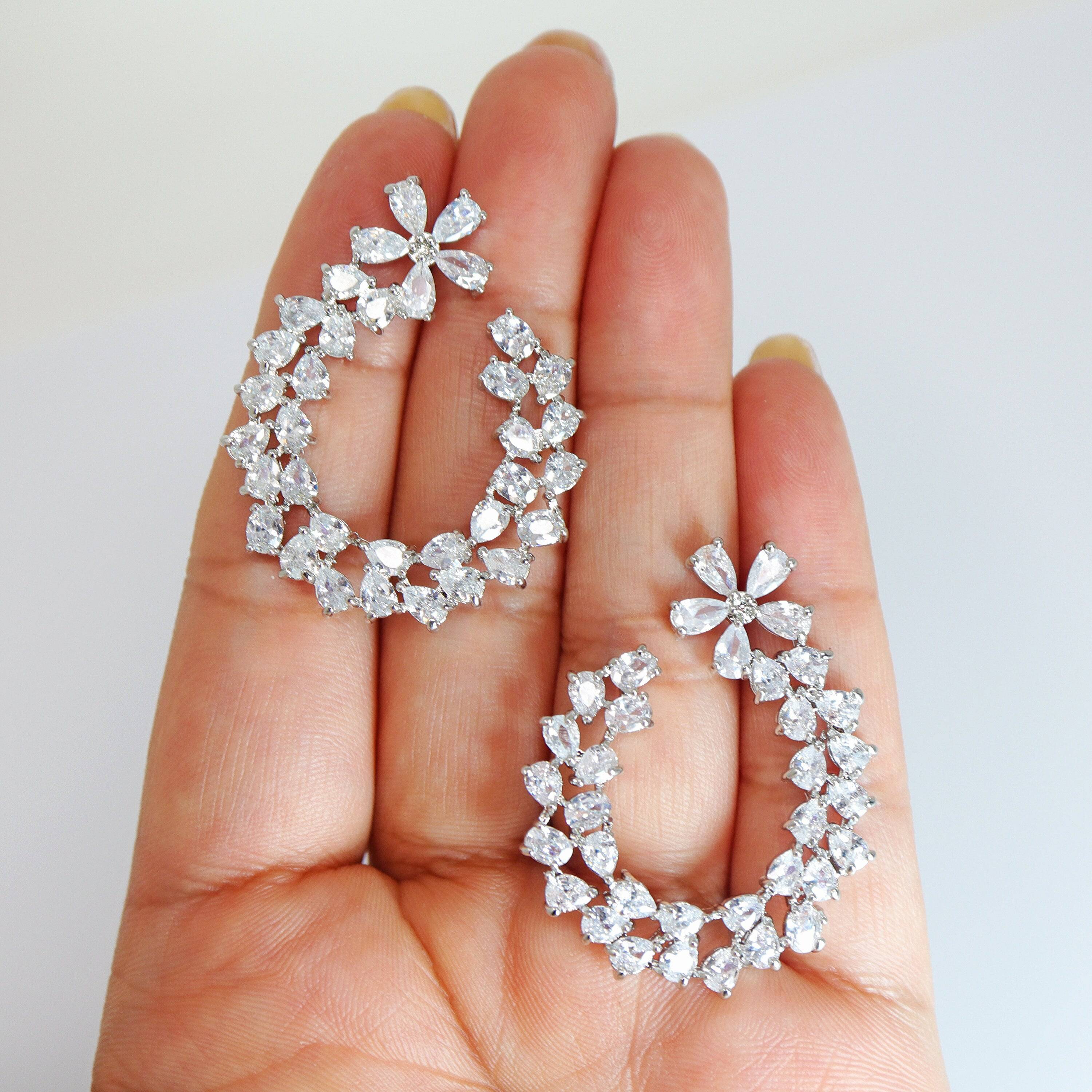 Swarovski Crystal Flower Circle Drops stud Earrings, Bridal Stud Earrings, Crystal Bridal Earrings, Statement Earrings Cz