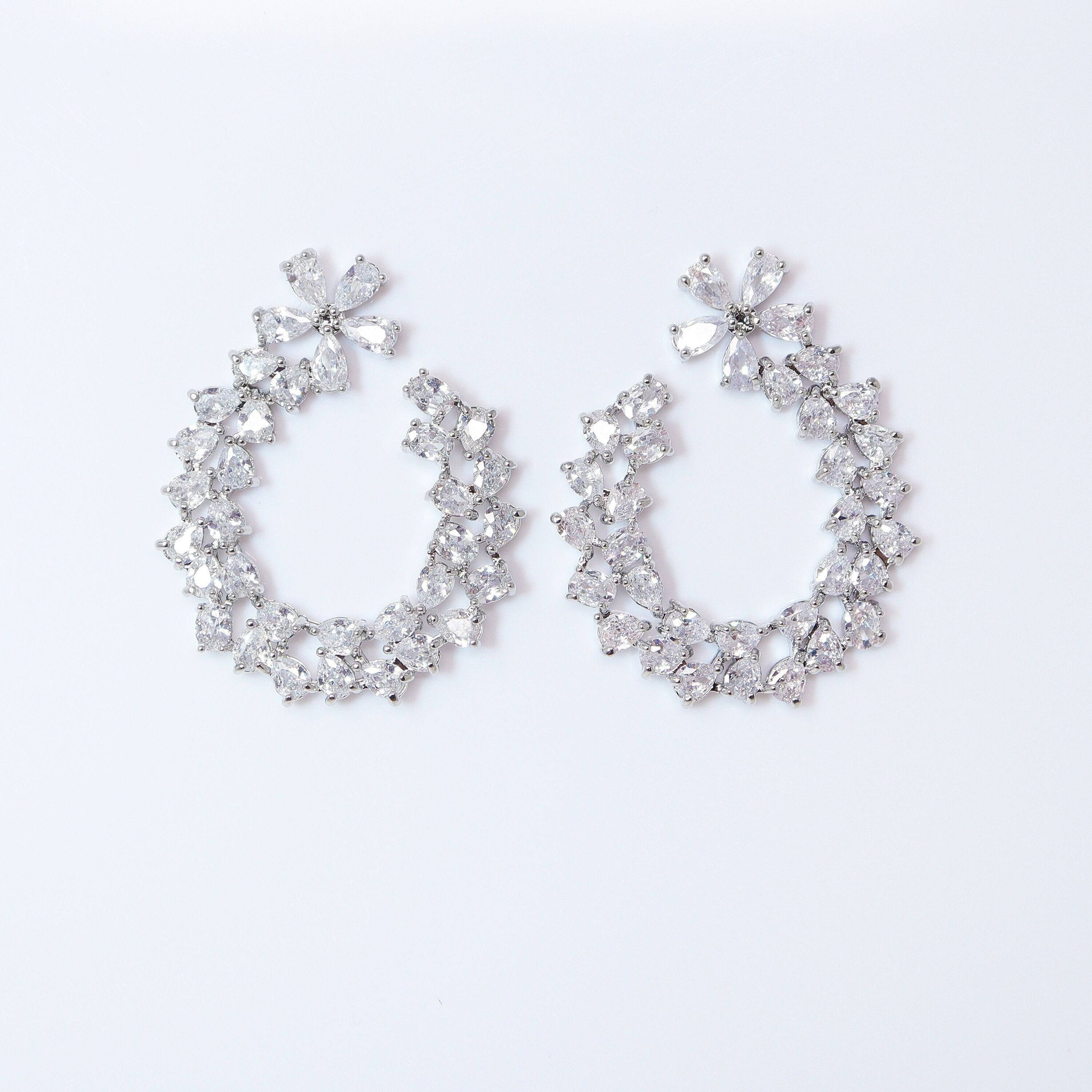 Swarovski Crystal Flower Circle Drops stud Earrings, Bridal Stud Earrings, Crystal Bridal Earrings, Statement Earrings Cz
