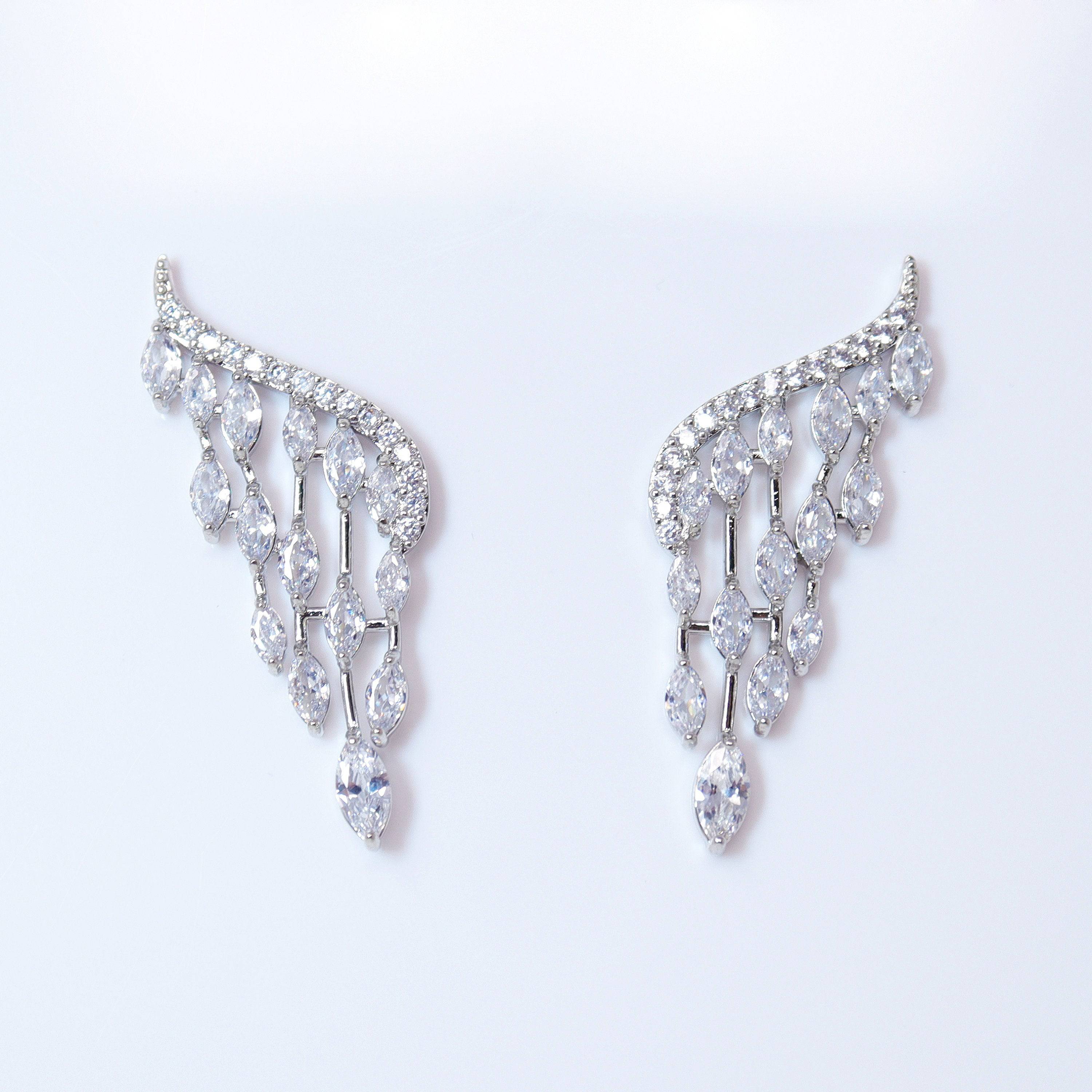 Swarovski Crystal Bride Wings Long stud Earrings, Bridal Stud Earrings, Crystal Bridal Earrings, Statement Earrings Cz