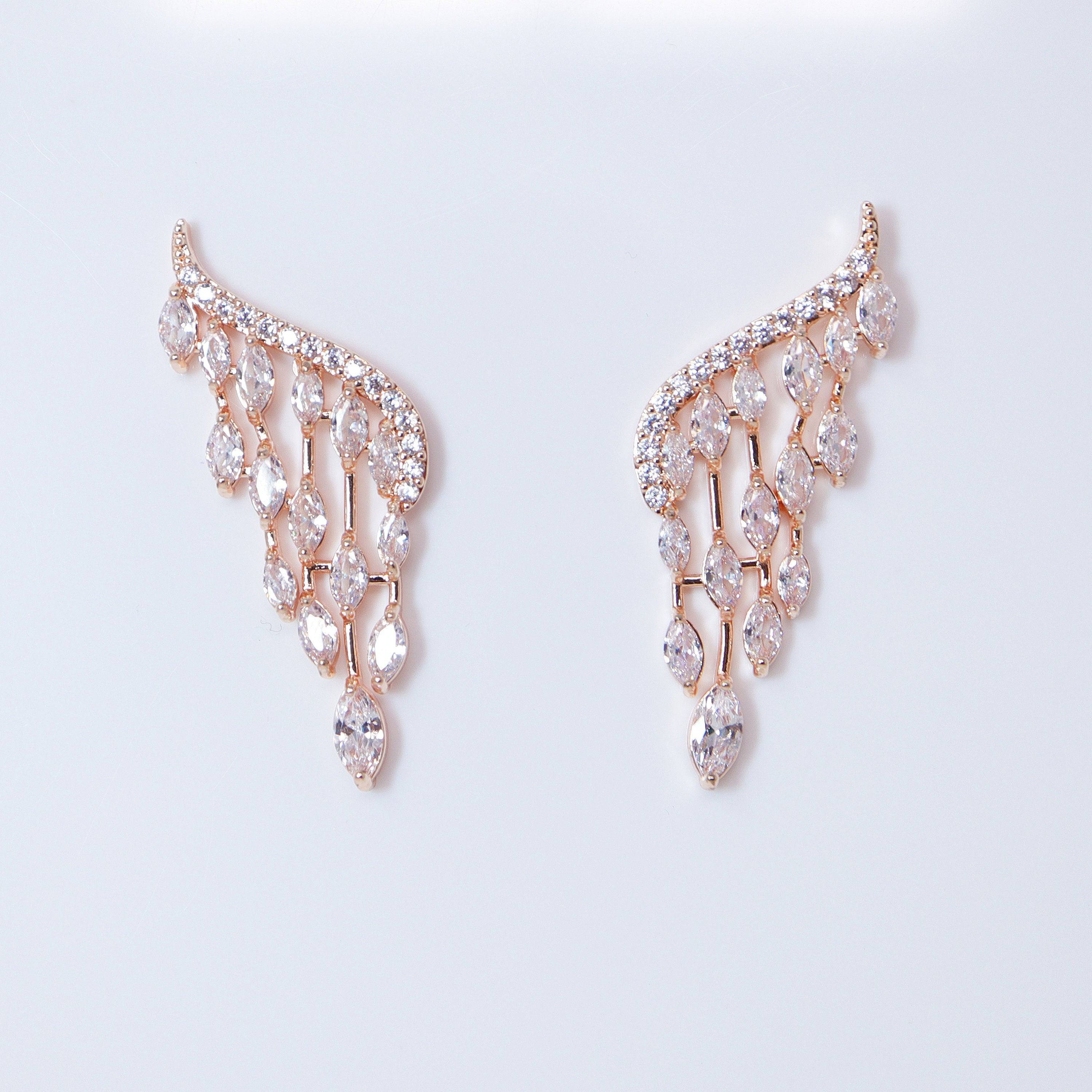 Swarovski Crystal Bride Wings Long stud Earrings, Bridal Stud Earrings, Crystal Bridal Earrings, Statement Earrings Cz