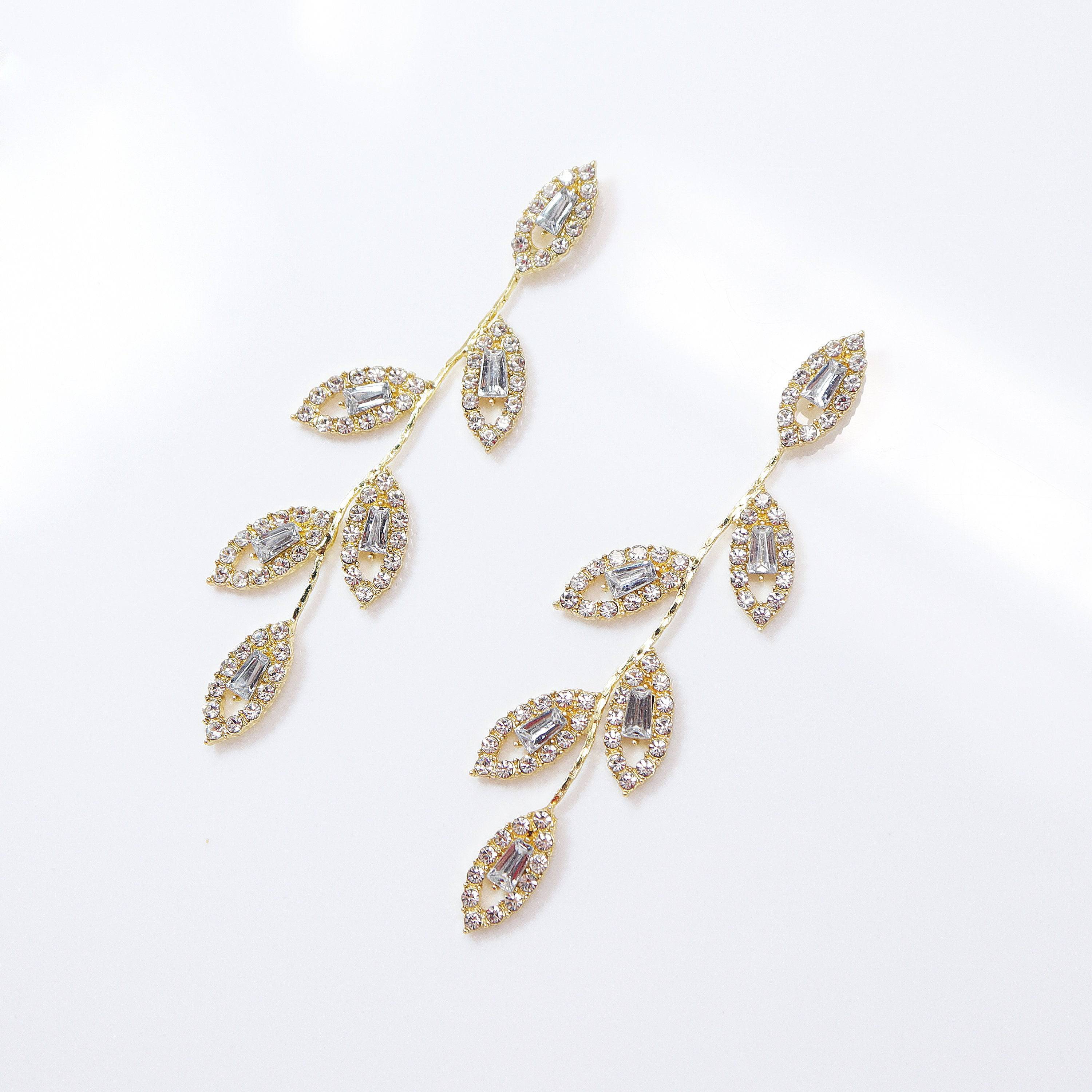 Swarovski Crystal Vine Leaves Earrings, Long Bridal Jewelry, Bridal Earrings And Necklace, Statement Earrings Cz .