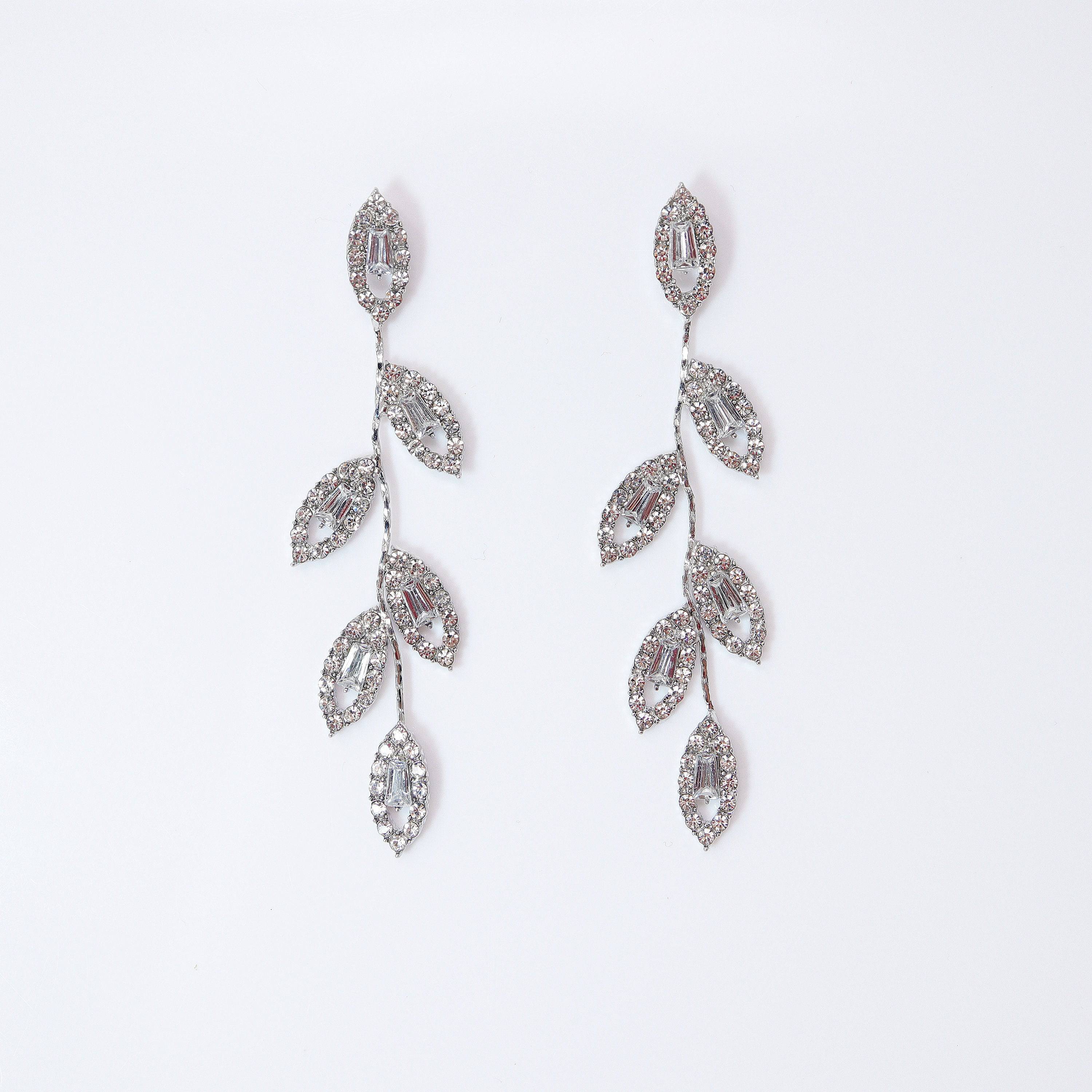 Swarovski Crystal Vine Leaves Earrings, Long Bridal Jewelry, Bridal Earrings And Necklace, Statement Earrings Cz .