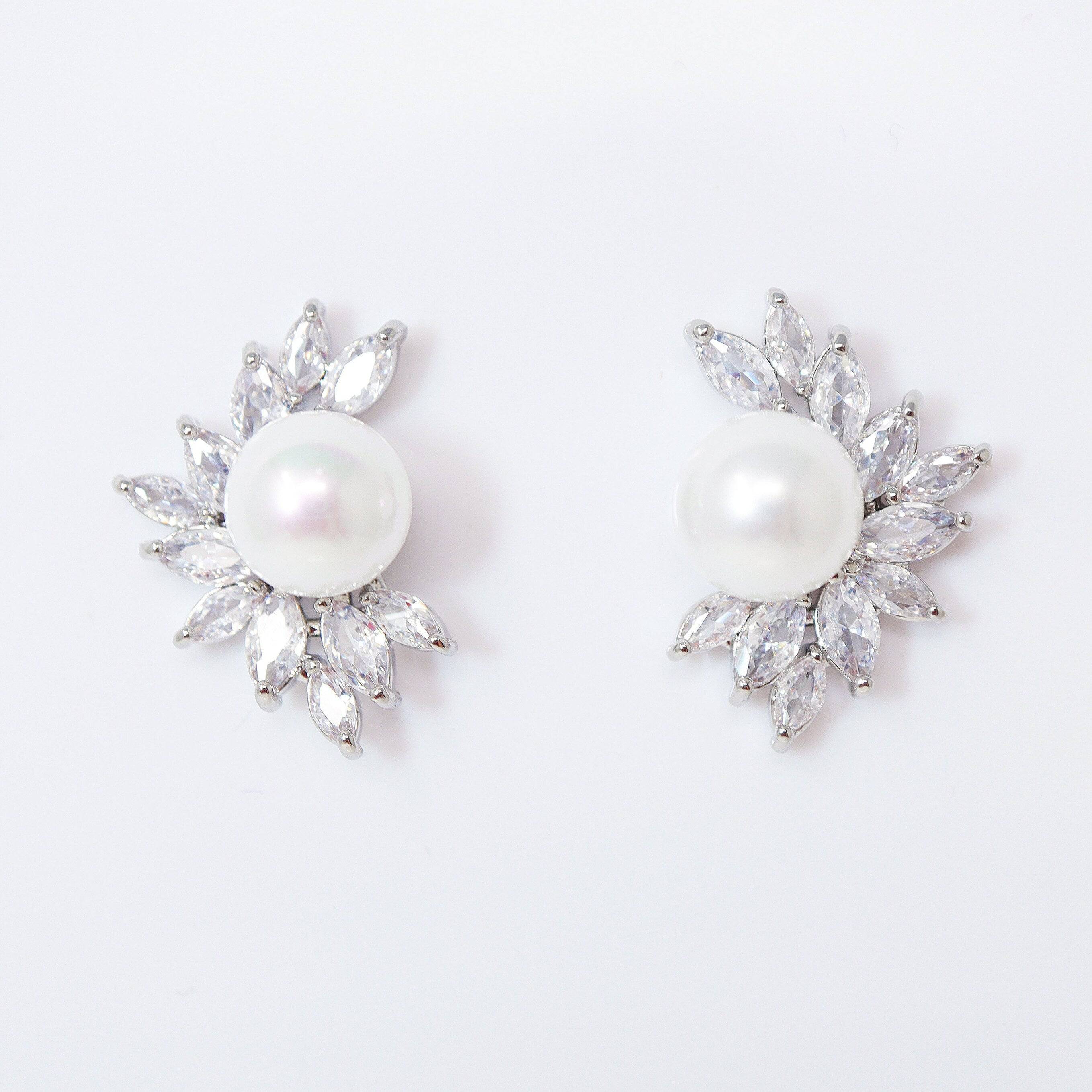 CZ Pearl Leaves Earrings, Bridal Jewelry, Bridal Stud Earrings, Crystal Bridal Earrings, Statement Earrings Cz