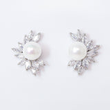 CZ Pearl Leaves Earrings, Bridal Jewelry, Bridal Stud Earrings, Crystal Bridal Earrings, Statement Earrings Cz