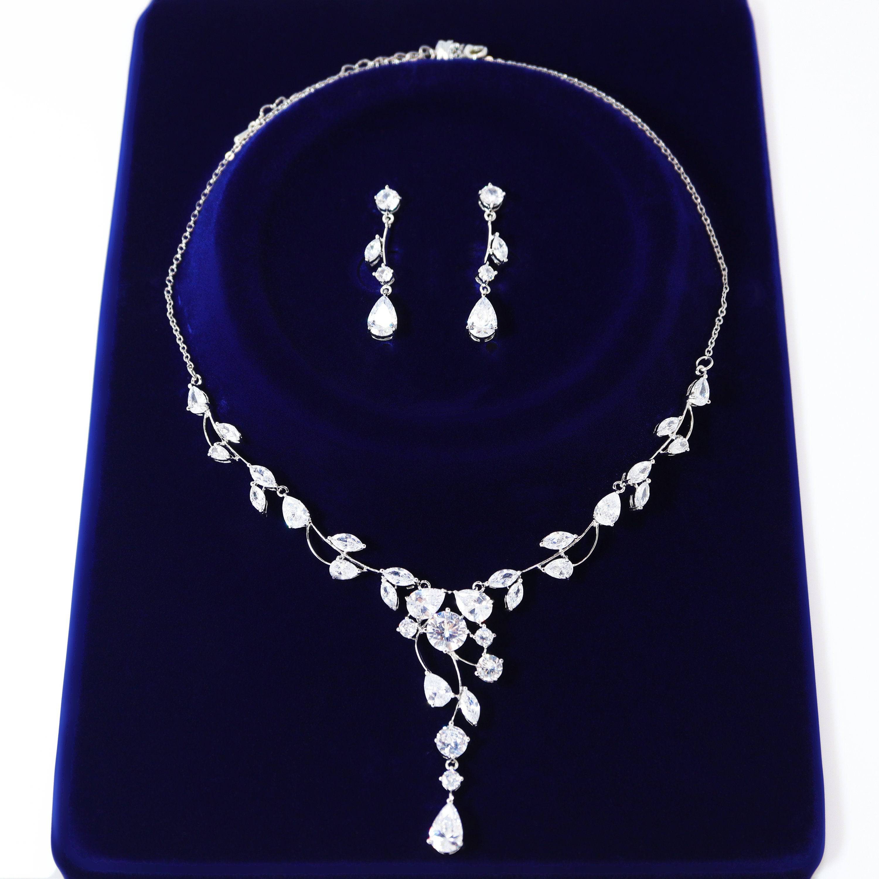 Swarovski Crystal Vine Leaves Drop Necklace Set  , Bridal Jewelry, Bridal Earrings And Necklace, Statement Earrings Cz Necklace Set