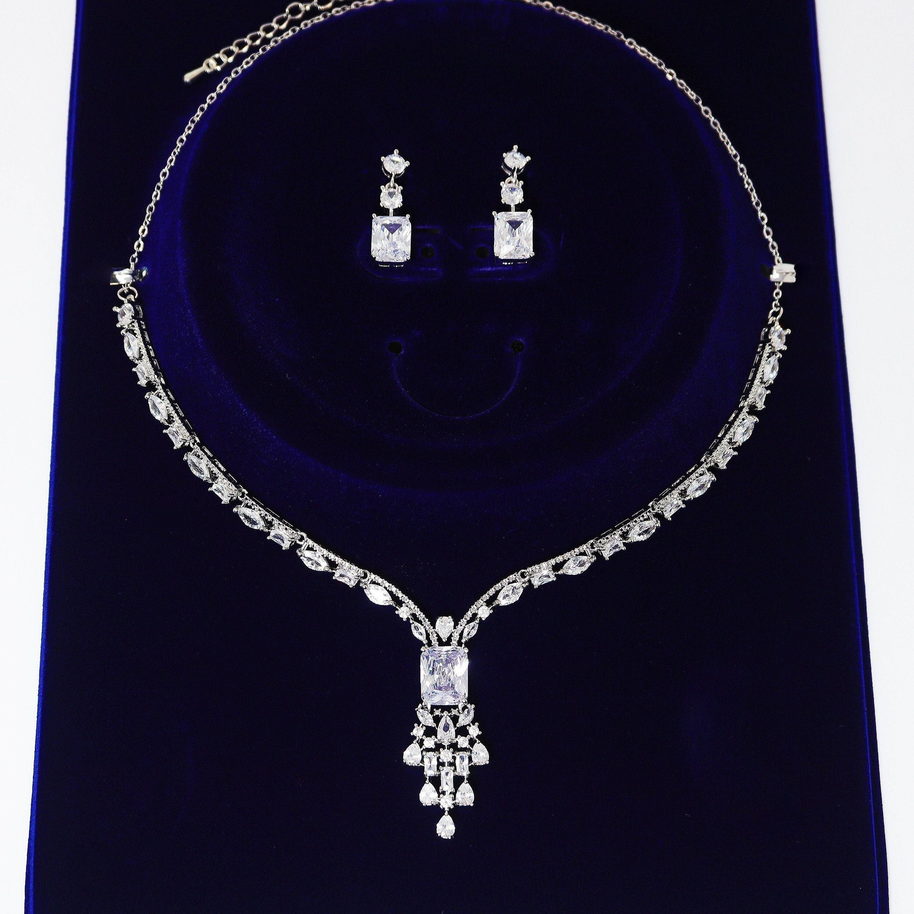 Swarovski Queens Treasure Necklace set, Long Bridal Jewelry, Bridal Earrings And Necklace, Statement Earrings Cz Necklace Set.