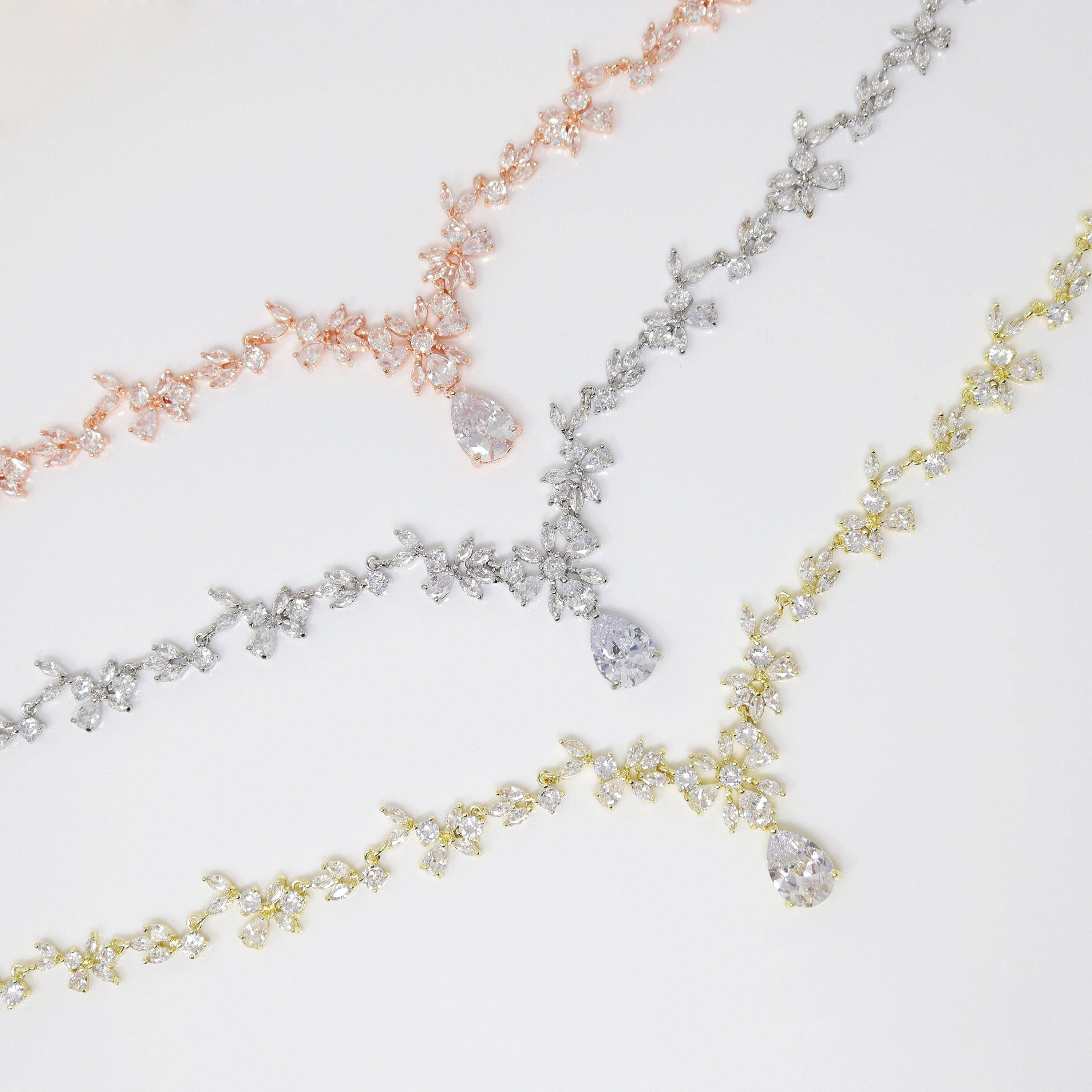 Swarovski Crystal Floral Leaves Diamond/Crystal Necklace, Bridal Necklace Set, Bridal Jewelry, Statement Necklace