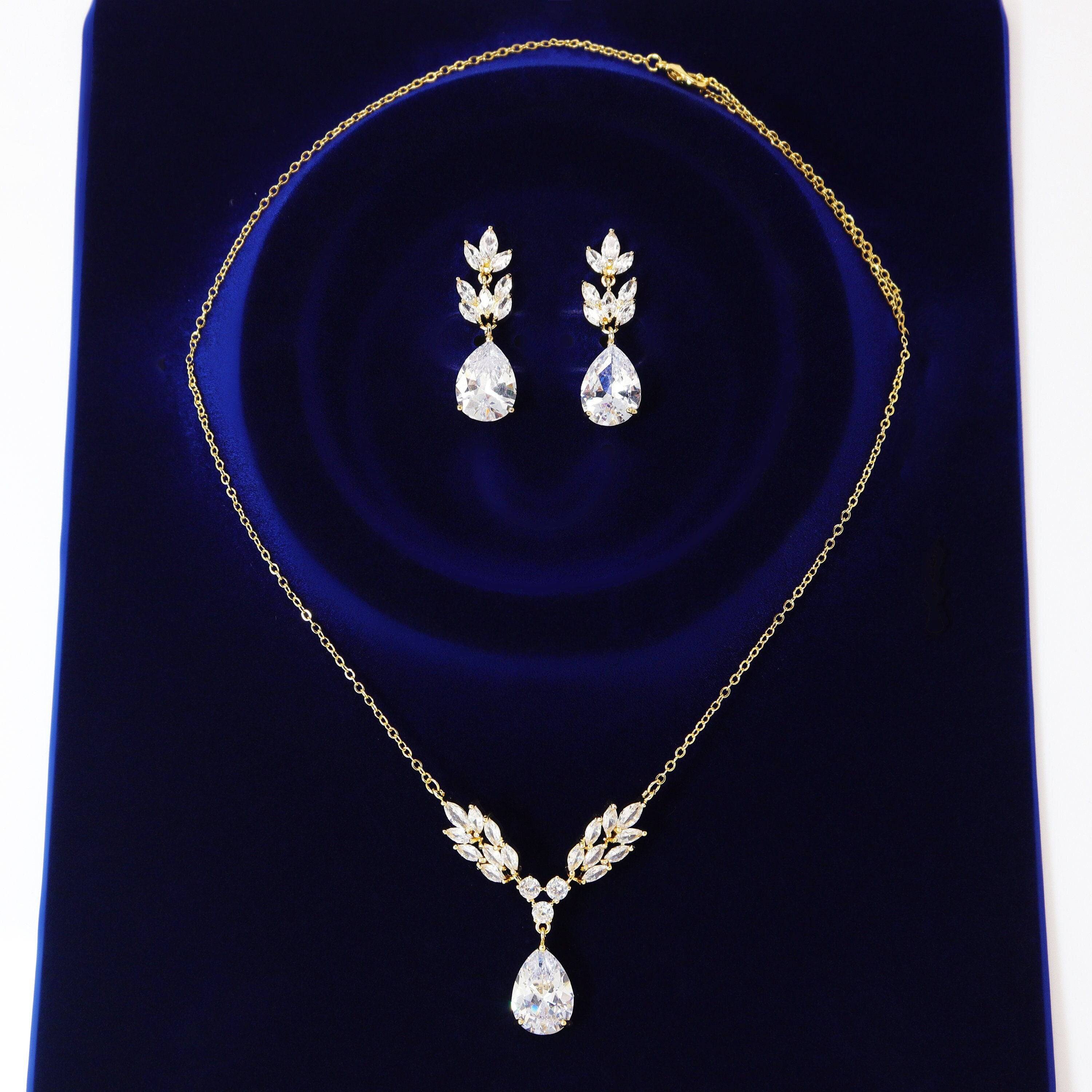 Swarovski Crystal Dainty Vine Leaves Drop Necklace Set , Bridal Jewelry, Bridal Earrings And Necklace, Statement Earrings Cz Necklace Set