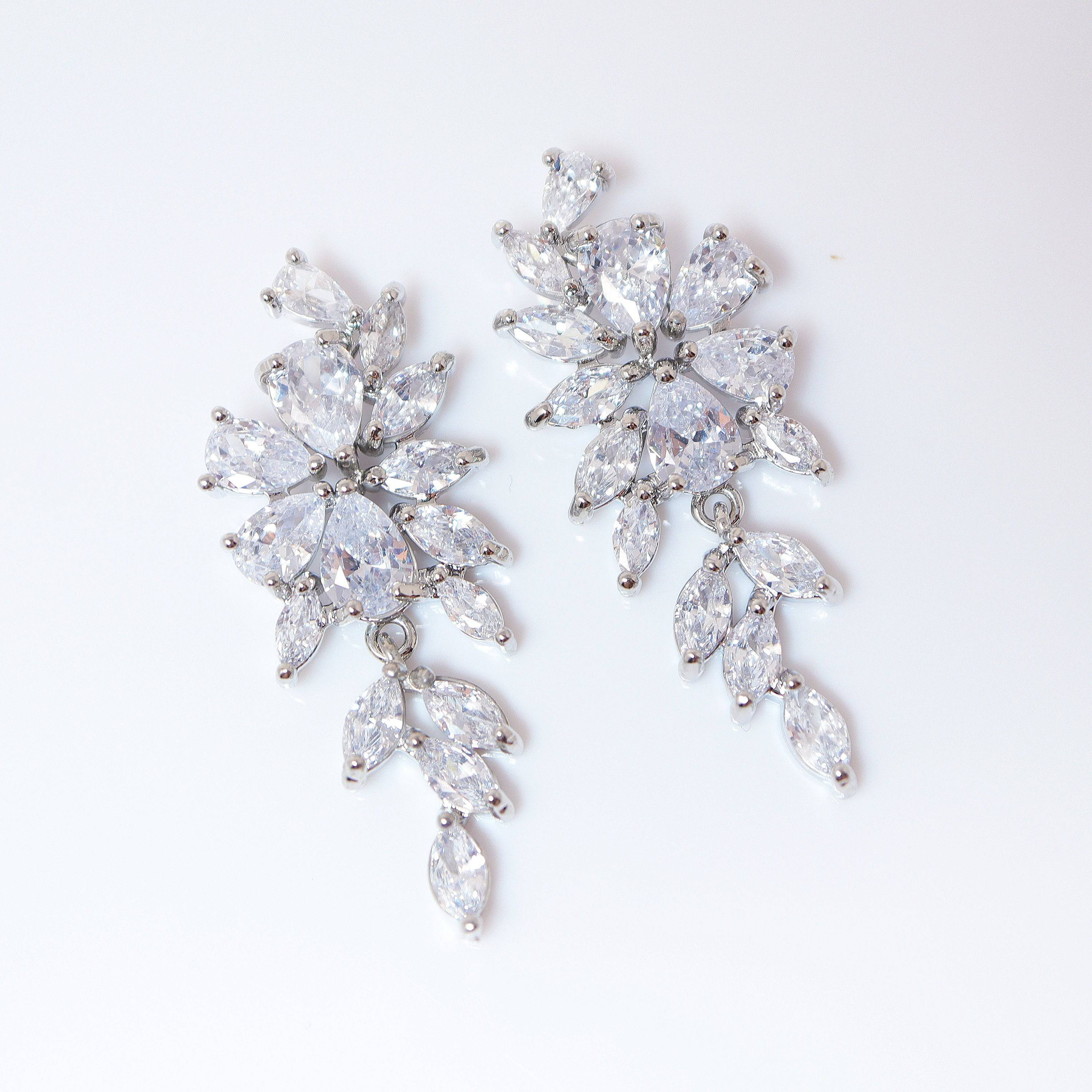 Swarovski Crystal Flower Leaves Earrings, Bridal Jewelry, Bridal Earrings, Crystal Bridal Earrings, Statement Earrings Cz