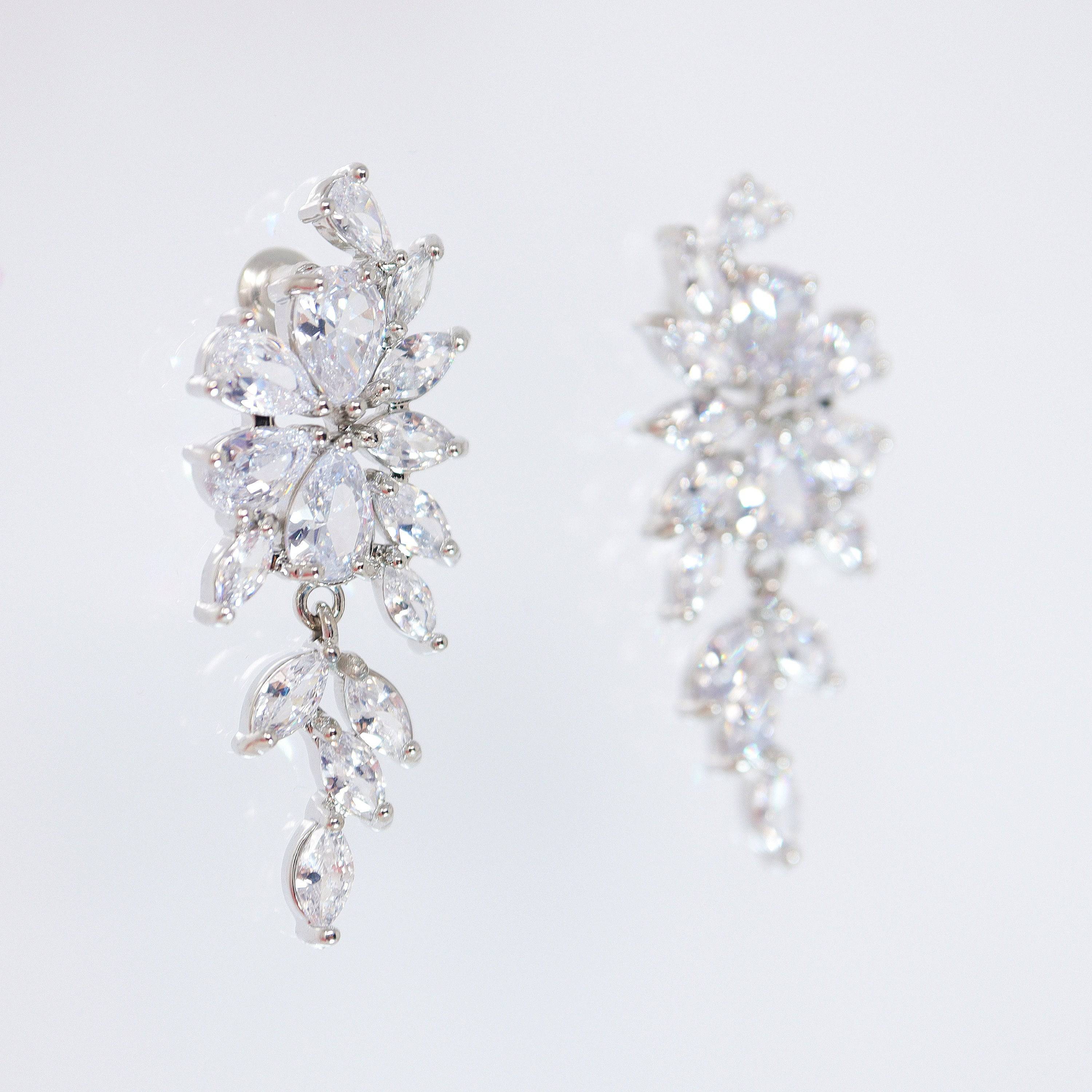 Swarovski Crystal Flower Leaves Earrings, Bridal Jewelry, Bridal Earrings, Crystal Bridal Earrings, Statement Earrings Cz