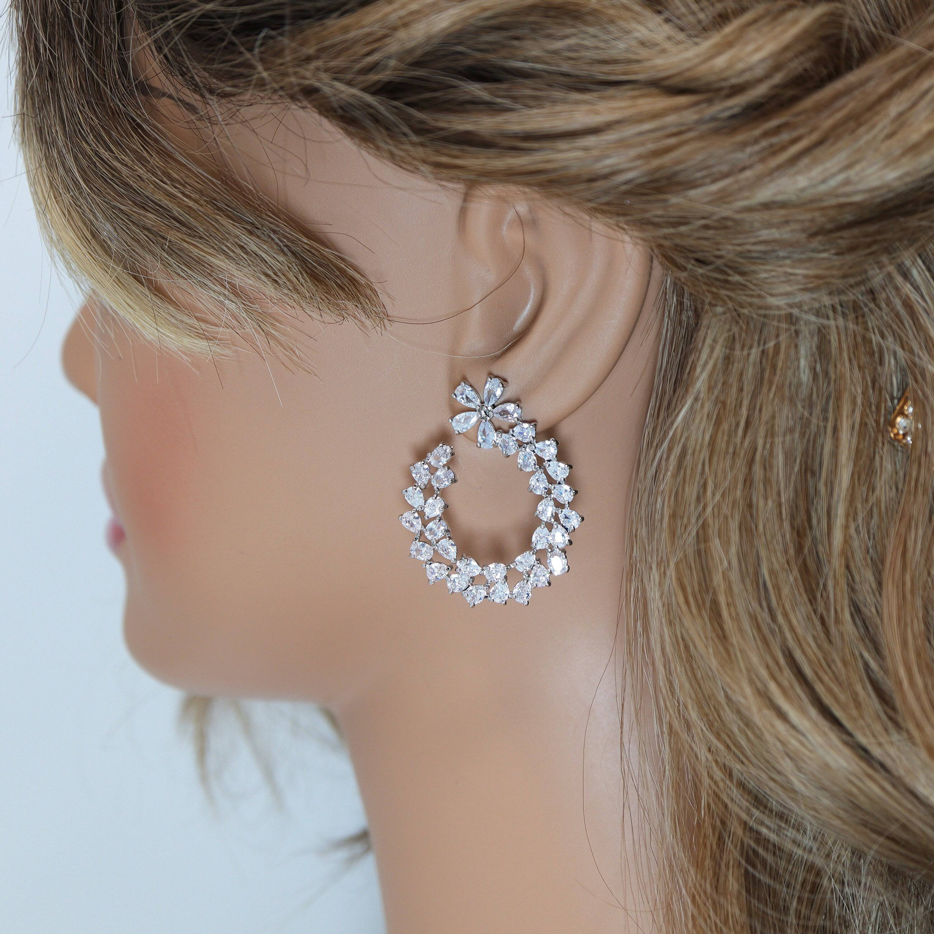 Swarovski Crystal Flower Circle Drops stud Earrings, Bridal Stud Earrings, Crystal Bridal Earrings, Statement Earrings Cz