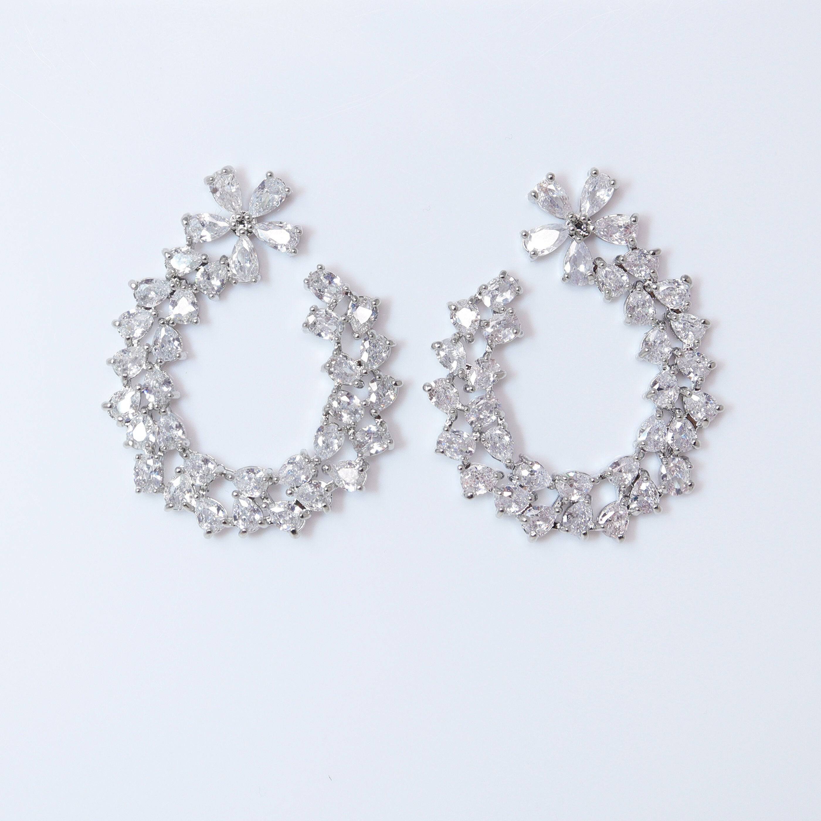 Swarovski Crystal Flower Circle Drops stud Earrings, Bridal Stud Earrings, Crystal Bridal Earrings, Statement Earrings Cz