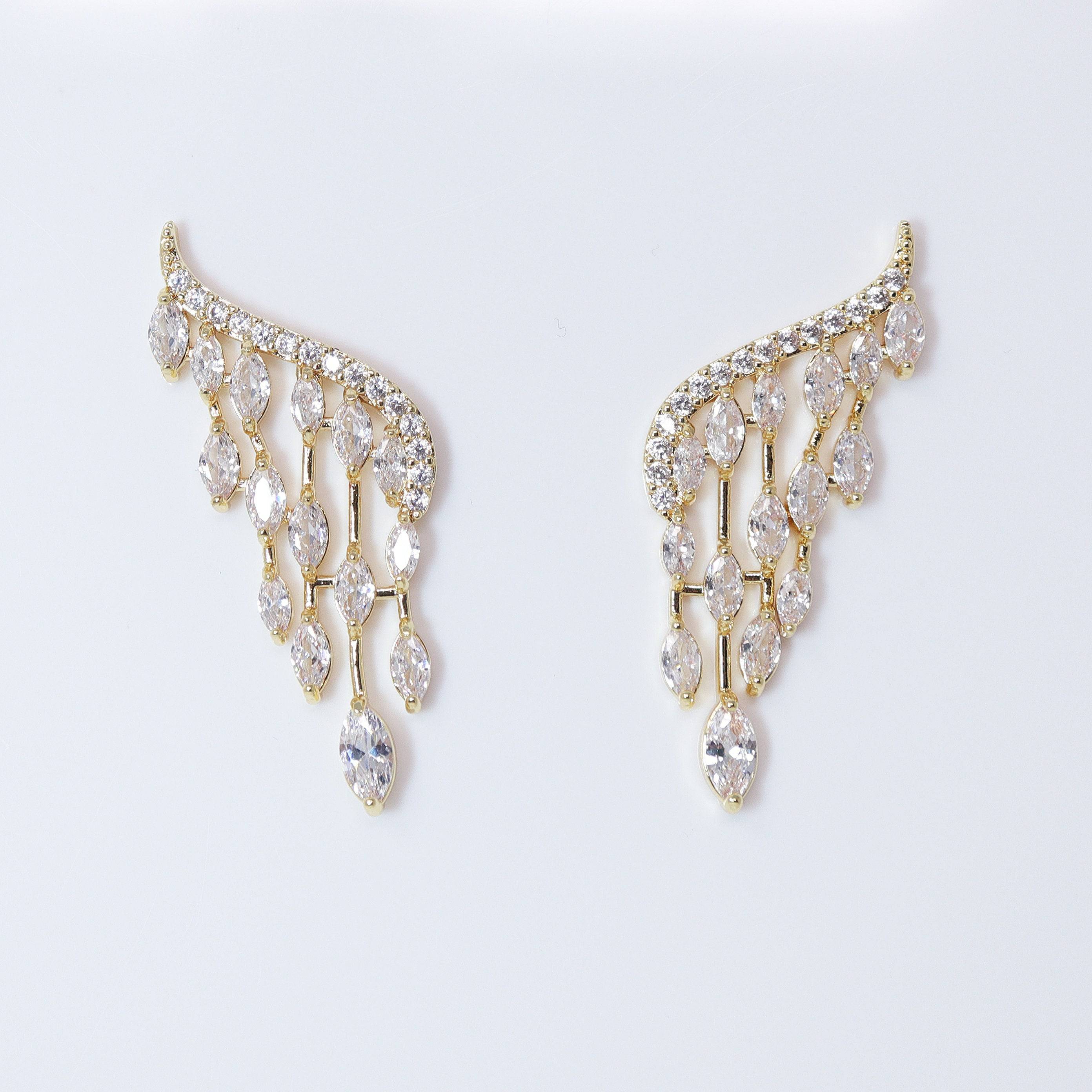 Swarovski Crystal Bride Wings Long stud Earrings, Bridal Stud Earrings, Crystal Bridal Earrings, Statement Earrings Cz