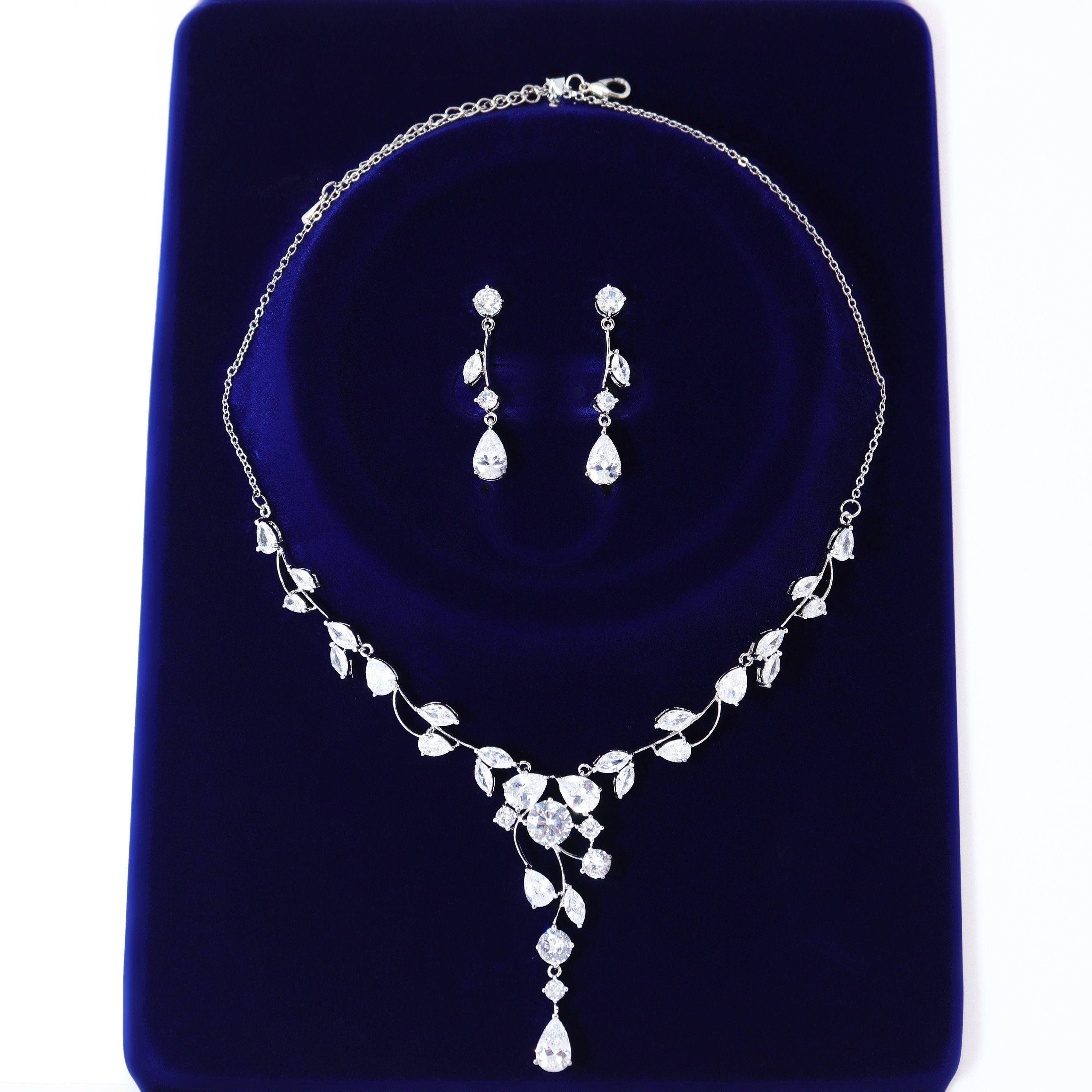 Swarovski Crystal Vine Leaves Drop Necklace Set  , Bridal Jewelry, Bridal Earrings And Necklace, Statement Earrings Cz Necklace Set