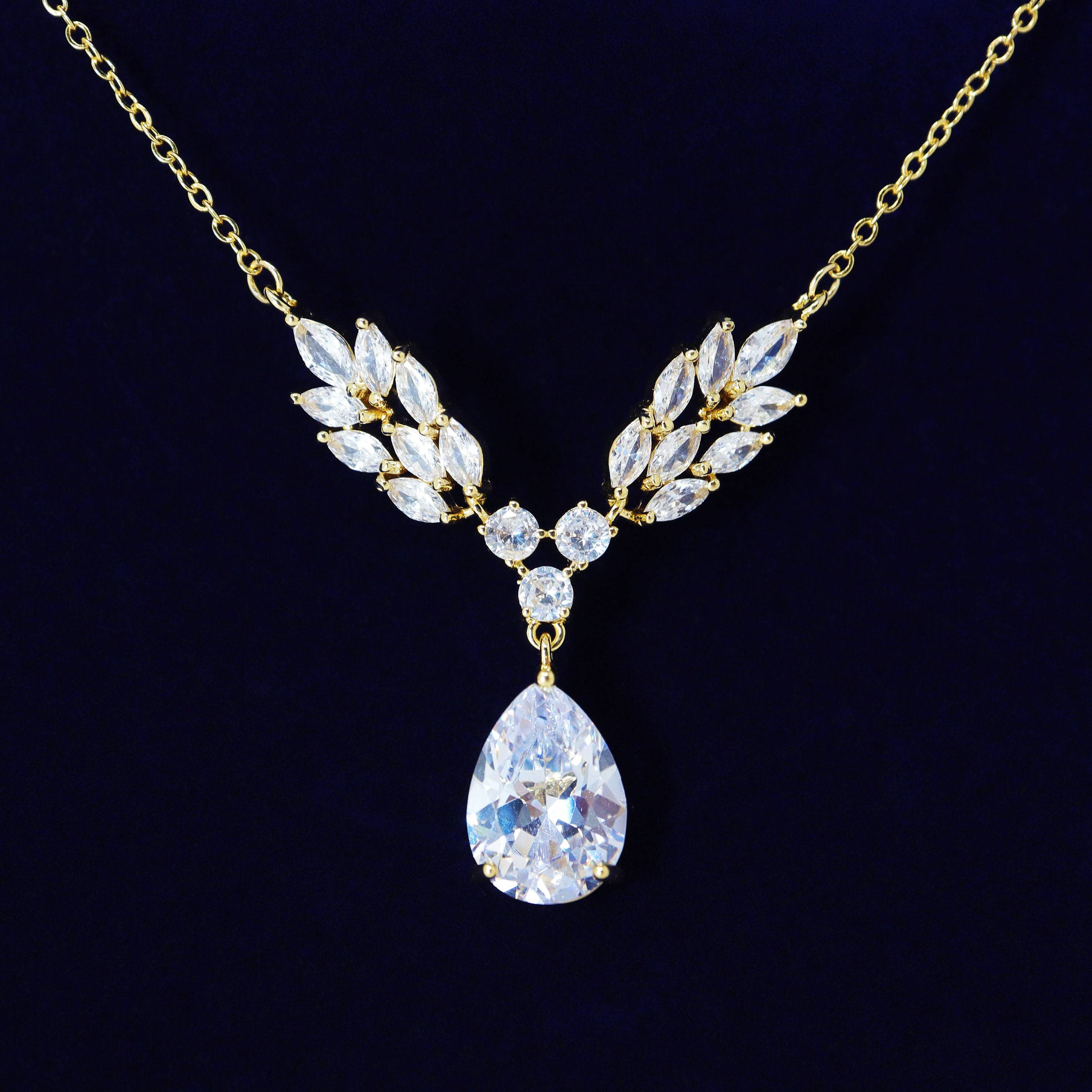 Swarovski Crystal Dainty Vine Leaves Drop Necklace Set , Bridal Jewelry, Bridal Earrings And Necklace, Statement Earrings Cz Necklace Set